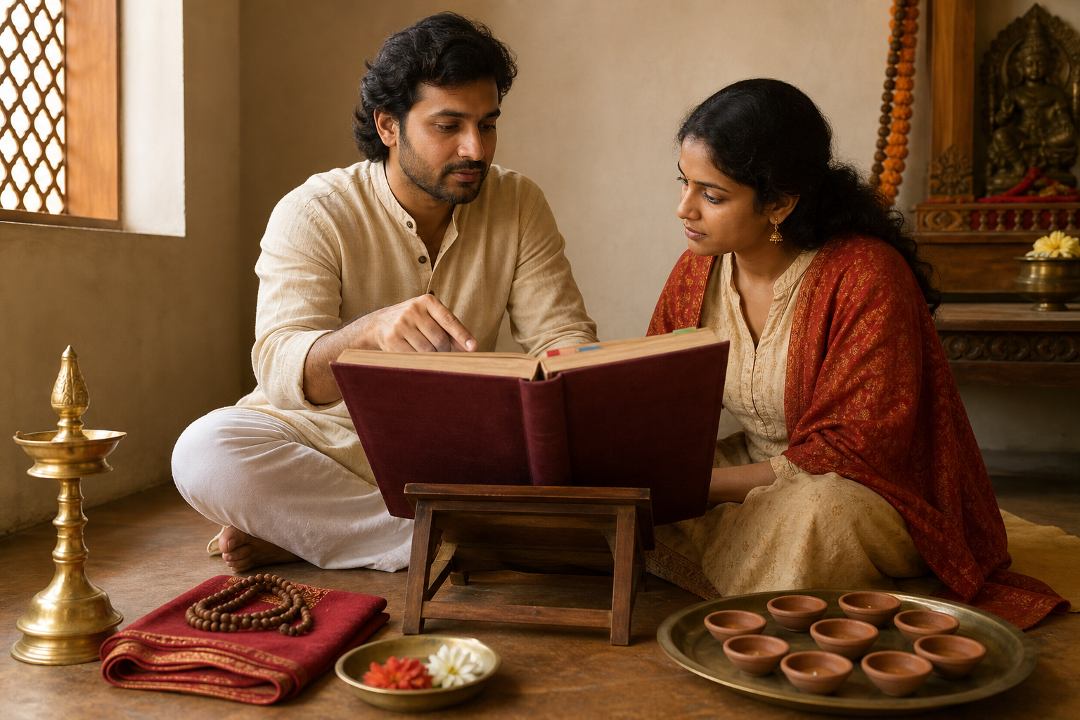 Two adults study a clothbound scripture at a low reading stand beside prayer beads, flowers, a brass lamp, and a tray of small clay lamps.