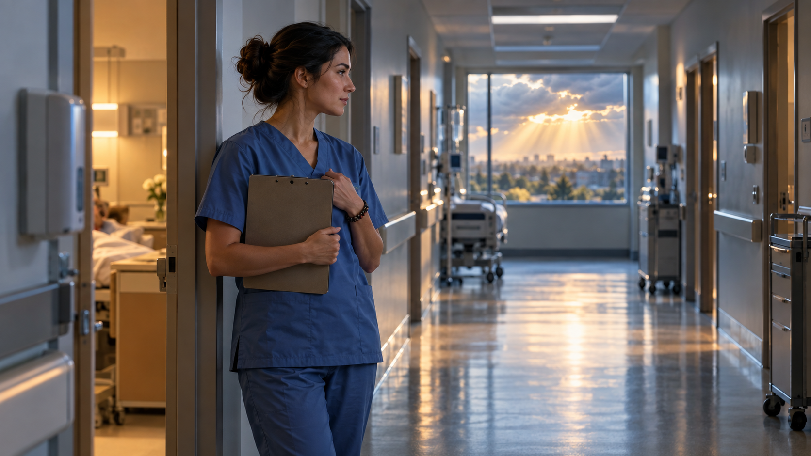 A healthcare worker pauses with prayer beads outside a hospital room as sunlight appears beyond a clearing storm.
