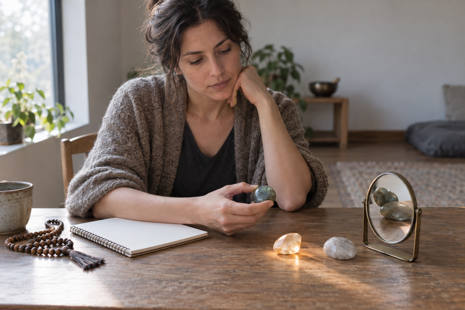 A reflective seeker examines translucent stones and their differing reflections beside prayer beads and a blank notebook.