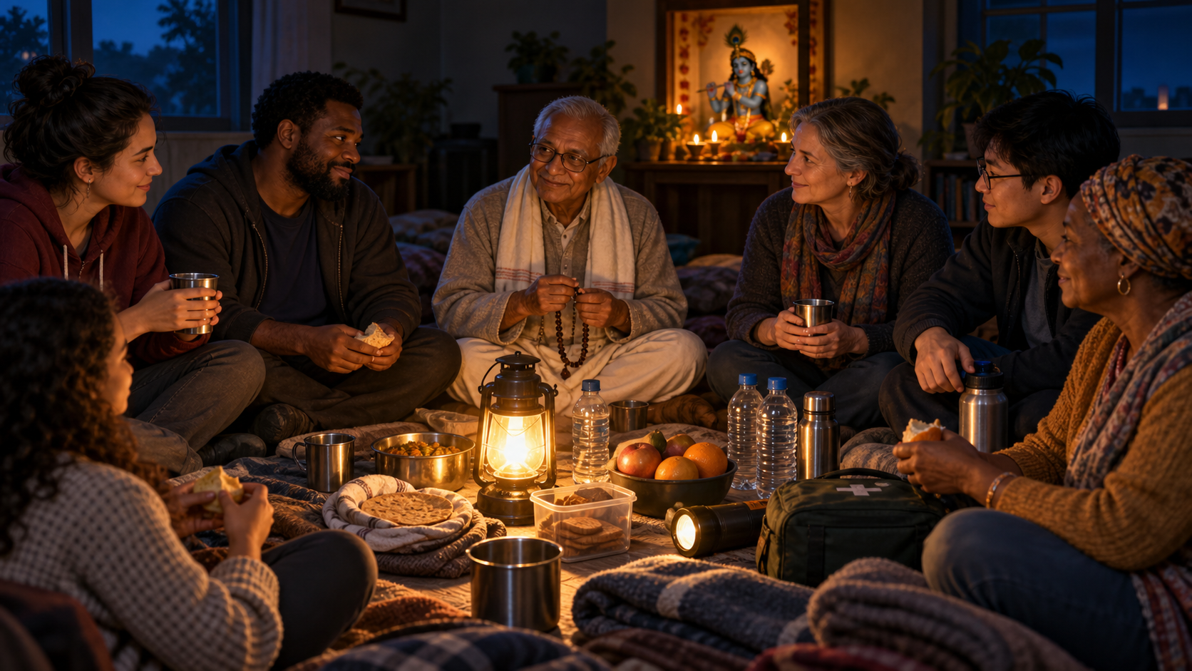 A multigenerational group shares supplies in a lantern-lit circle while a small Krishna shrine glows in the background.