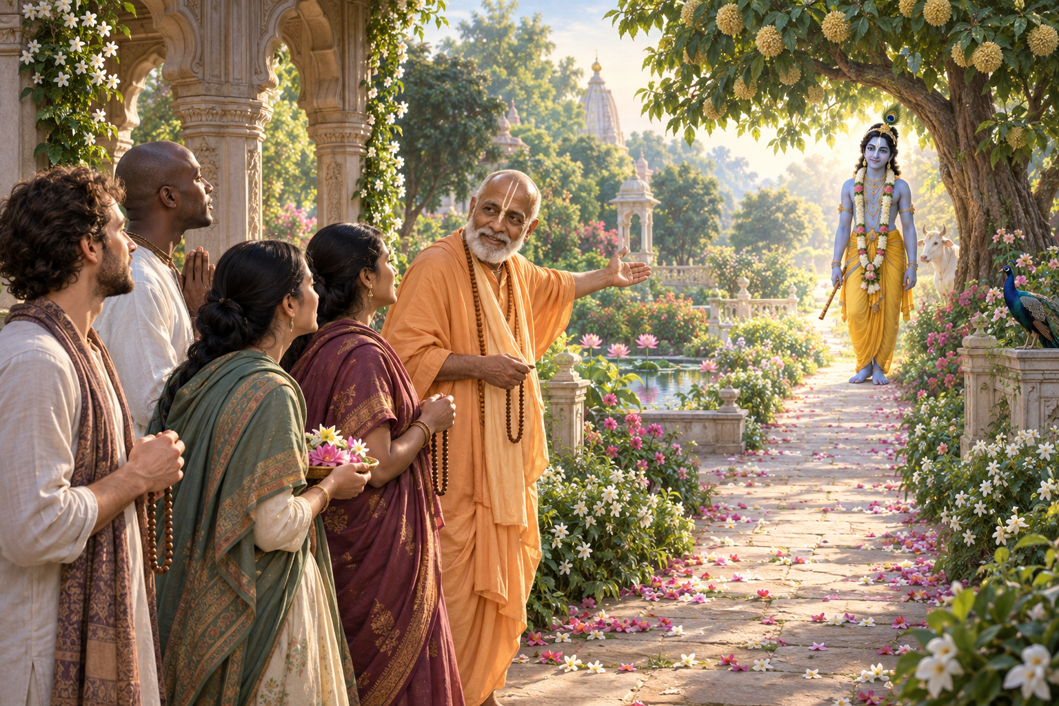 An elderly Vaishnava teacher gestures along a garden path as several adult seekers approach Krishna beneath a flowering tree.