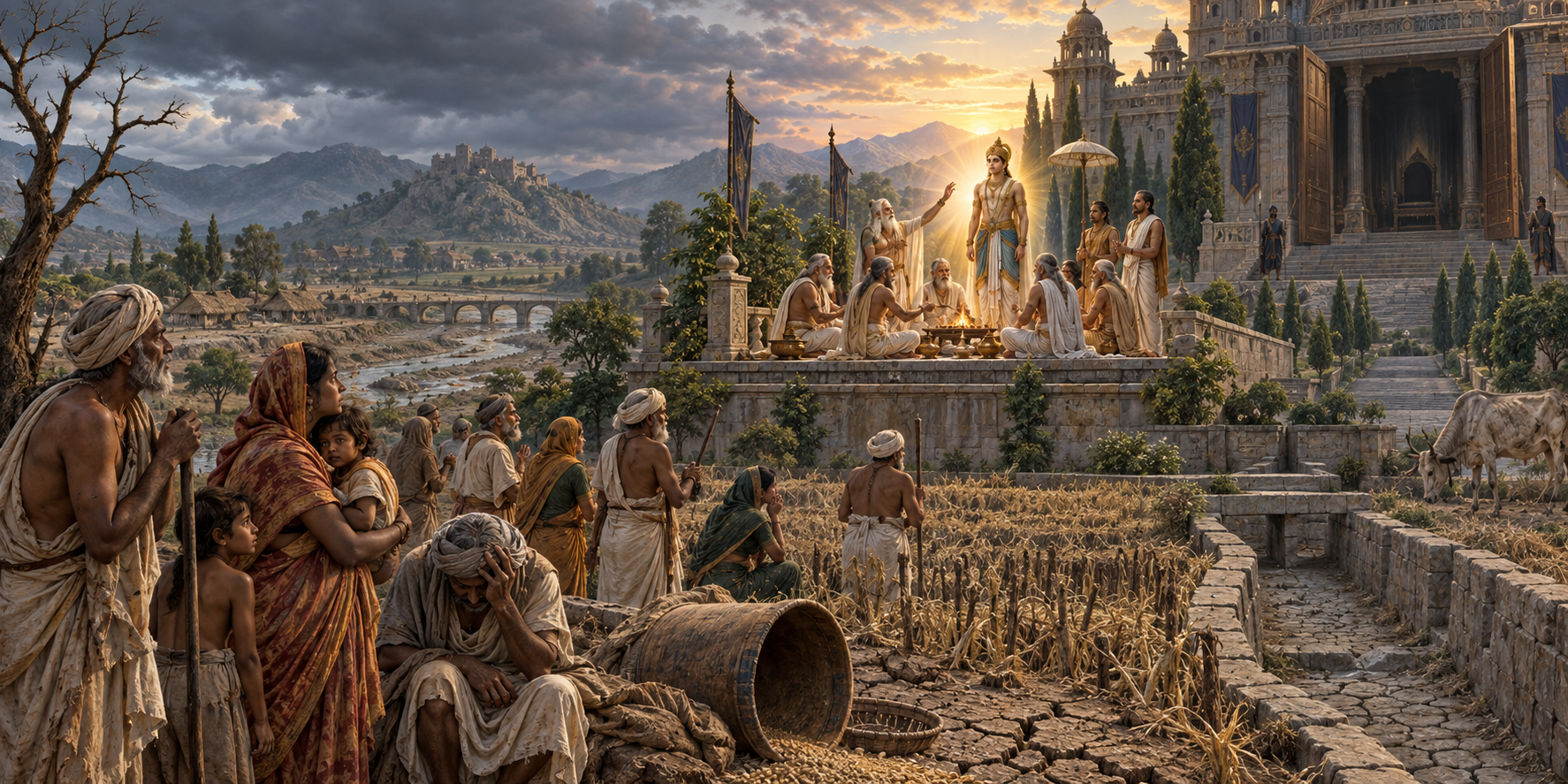 Villagers stand beside neglected fields and an empty granary as sages gather around a sacred fire and a new ruler emerges in the distance.