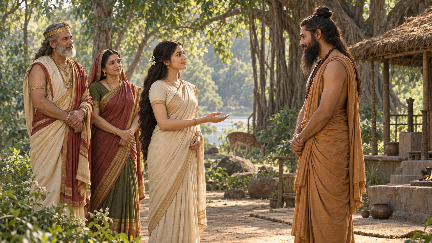 Devahuti stands forward and responds to Kardama Muni while her parents observe their conversation in a forest hermitage.