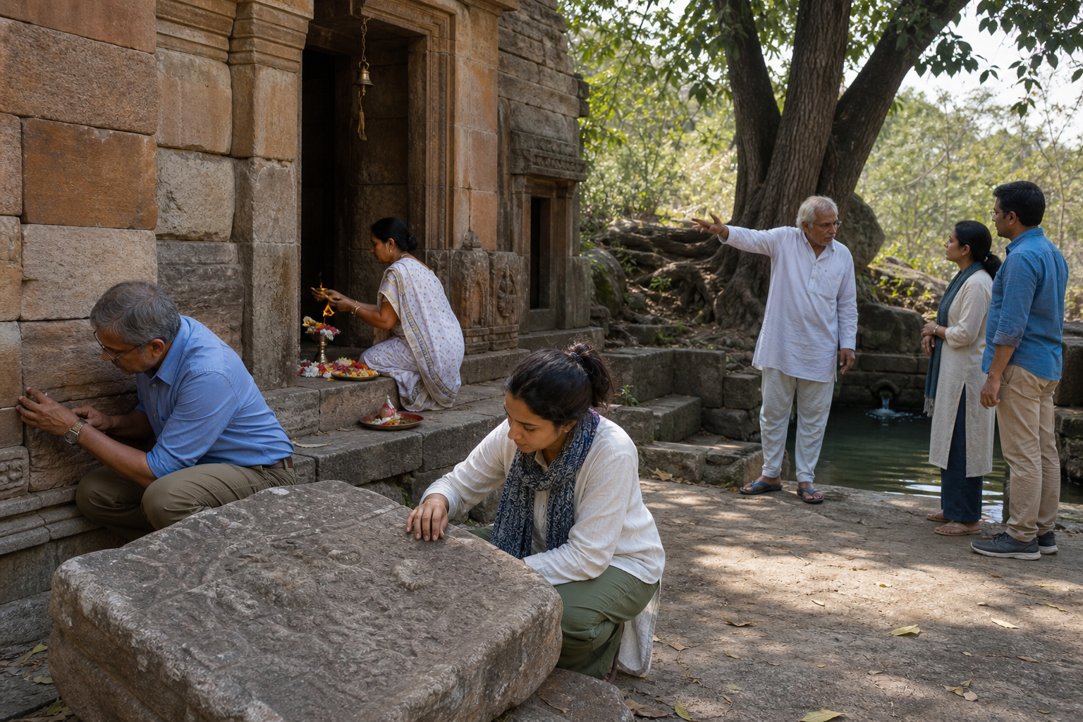 In a temple courtyard, people observe masonry and carved stone, take part in a lamp offering, and listen to an elder explain a sacred tree and spring.