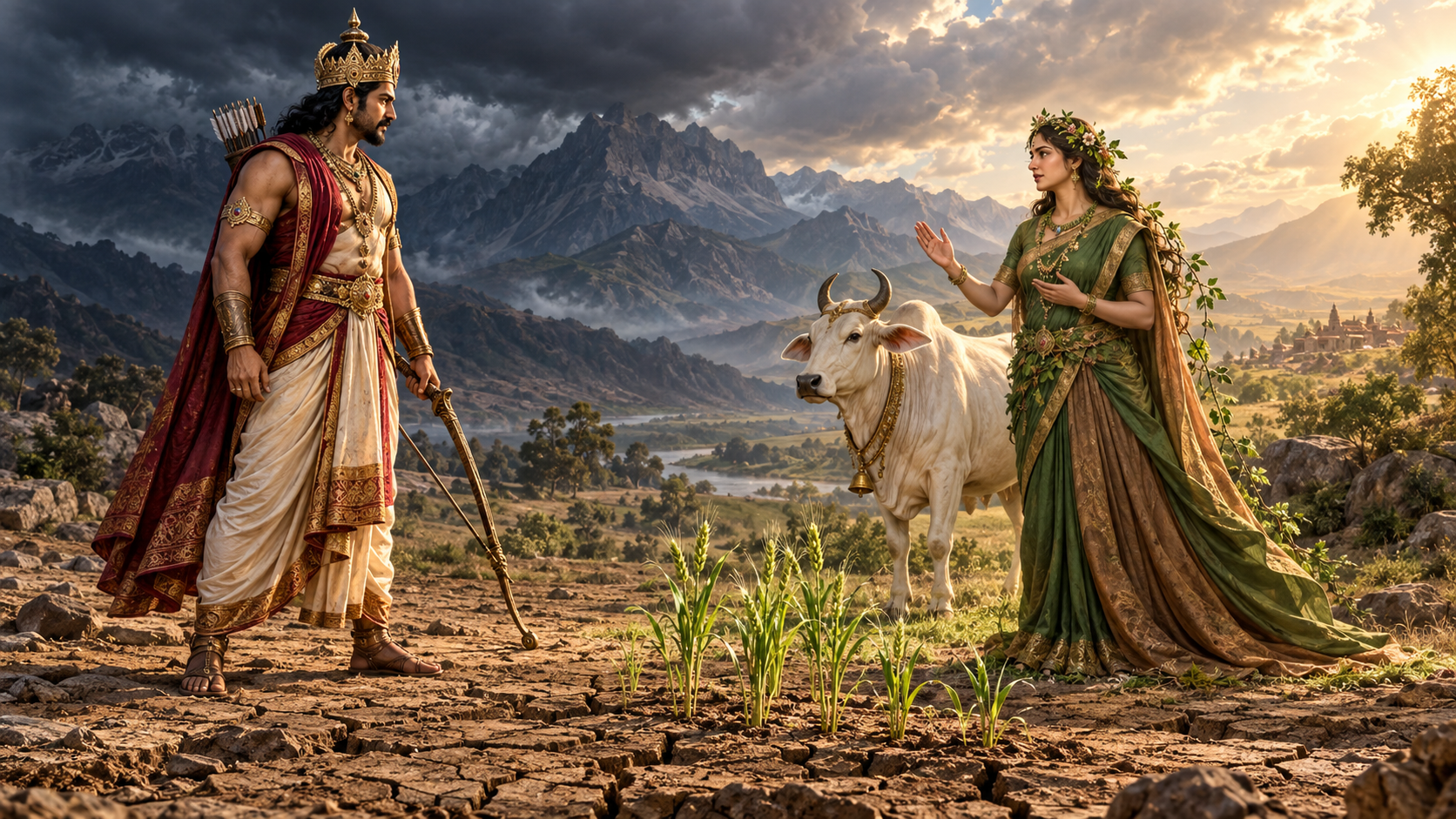 King Prithu listens with his bow lowered as the personified Earth and a sacred cow stand beside new shoots of grain.