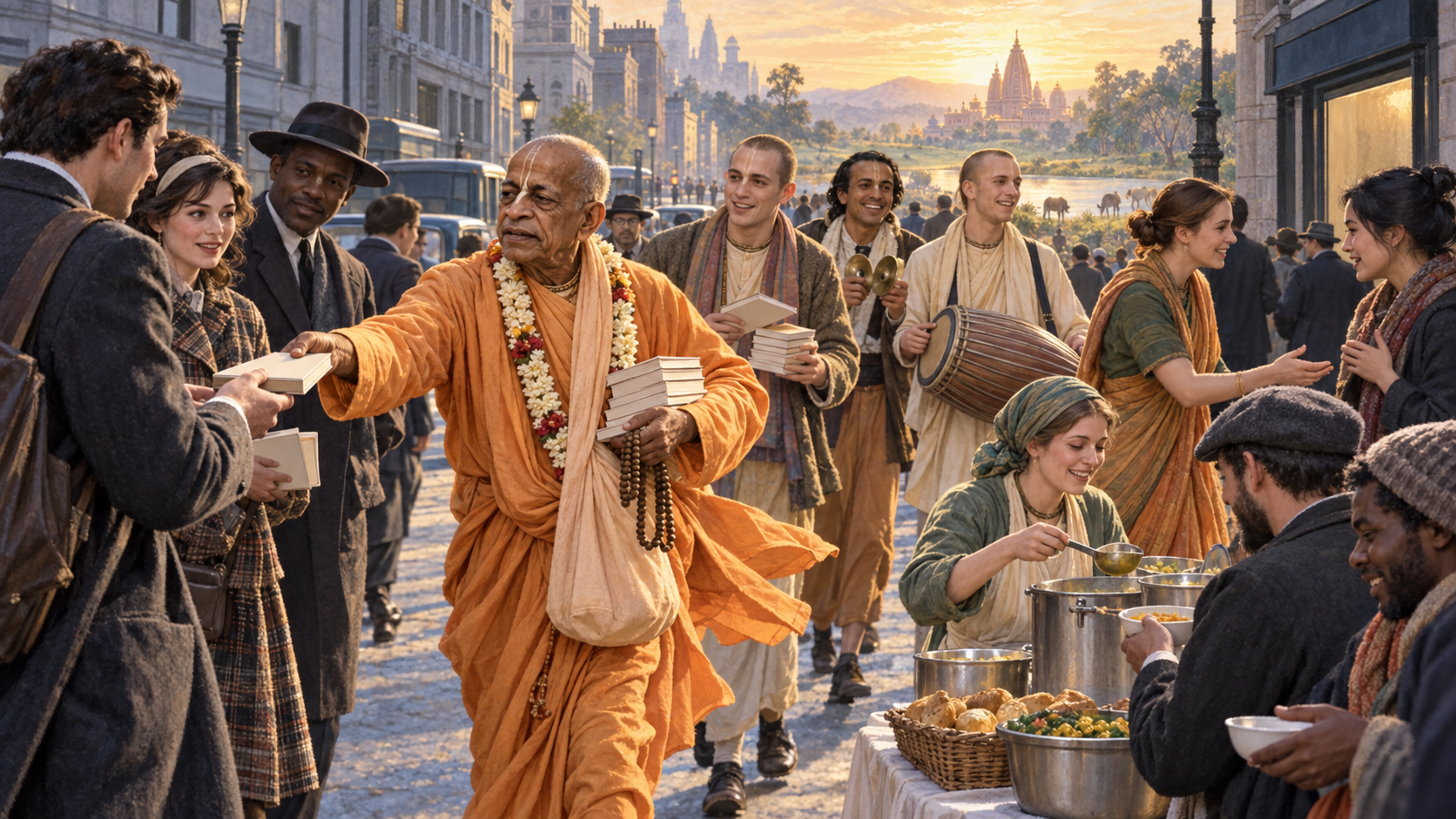 An elderly Vaishnava monk distributes unmarked books on a city street while devotees serve food, carry musical instruments, and welcome passersby.