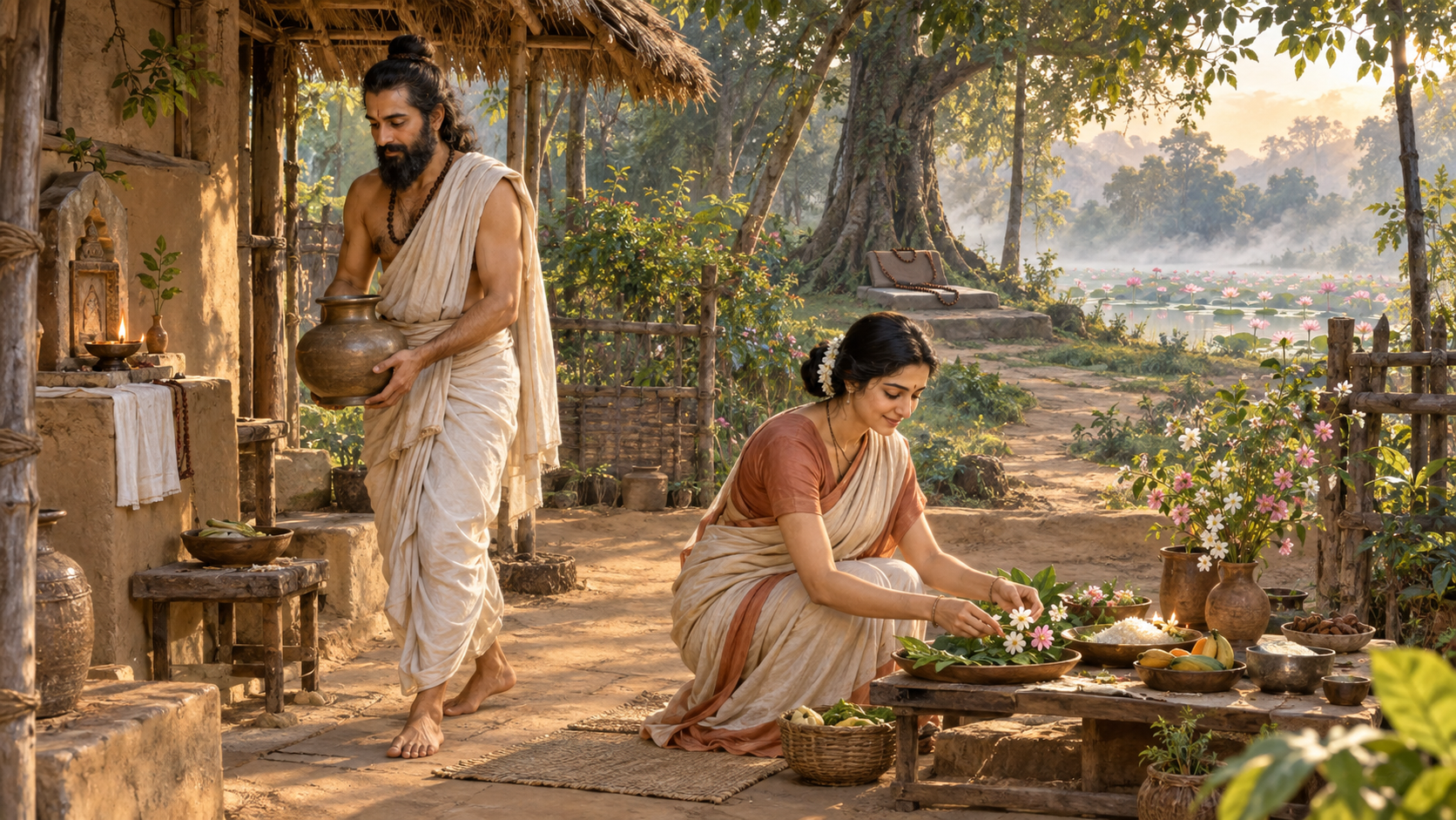 Kardama Muni and Devahuti tend their forest household near a meditation seat, domestic altar, and lotus lake at dawn.