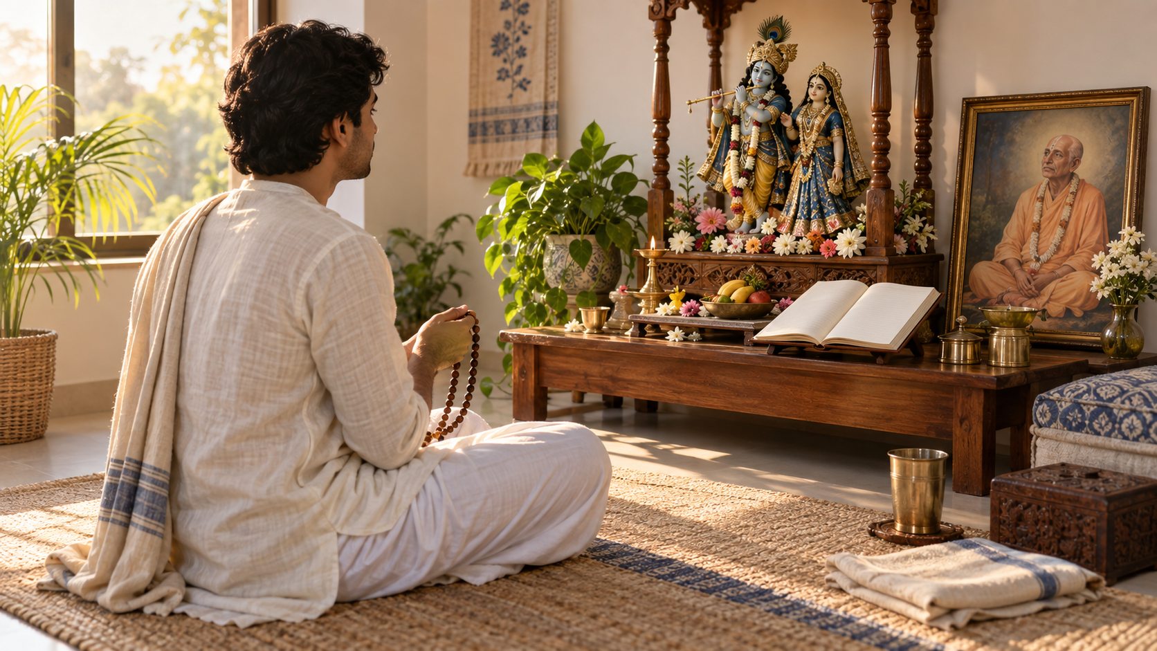 A practitioner chants with wooden prayer beads before a small Radha-Krishna altar, flowers, a lamp, fruit, an open book, and a teacher's portrait.