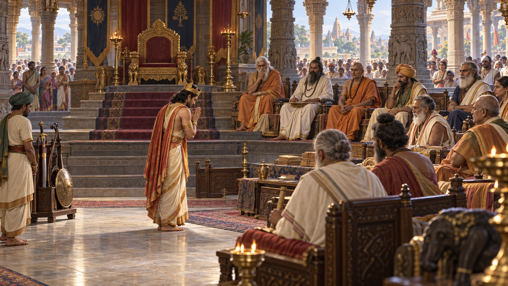 King Prithu bows with joined palms to sages and elders in a pillared royal assembly hall while the throne remains empty behind him.