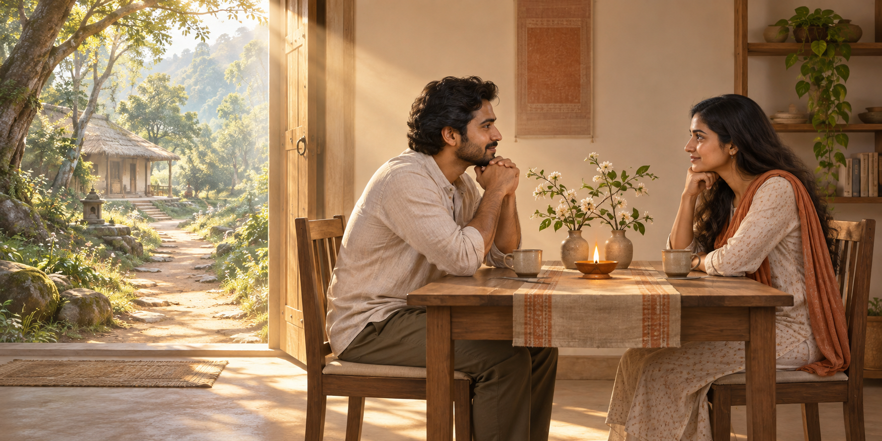 A contemporary South Asian couple talks across a table as an open doorway and forest path connect their home visually to an ancient hermitage setting.