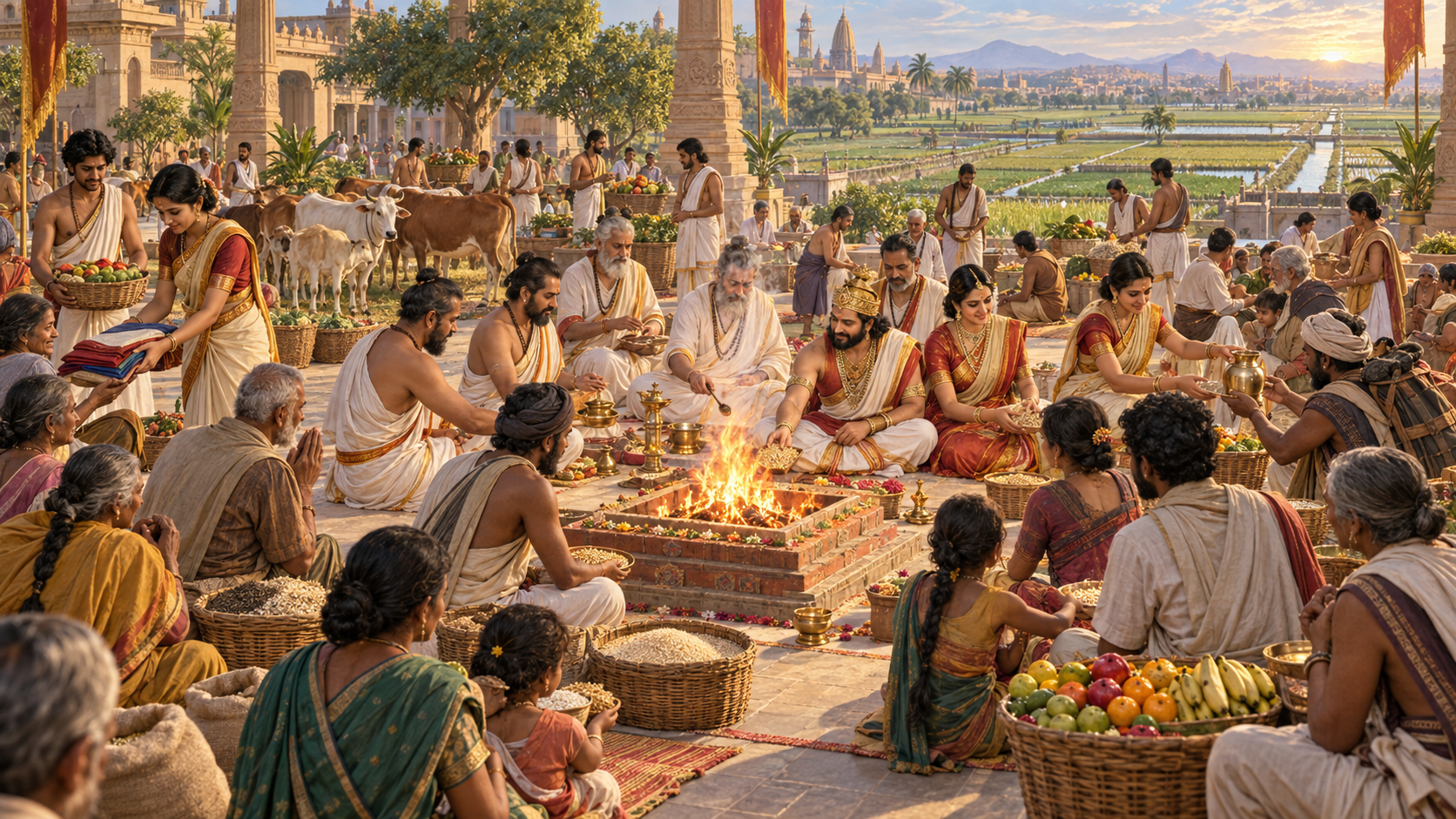King Prithu and the queen participate in a sacred fire ritual as attendants distribute food, cloth, water, and seed to the gathered community.