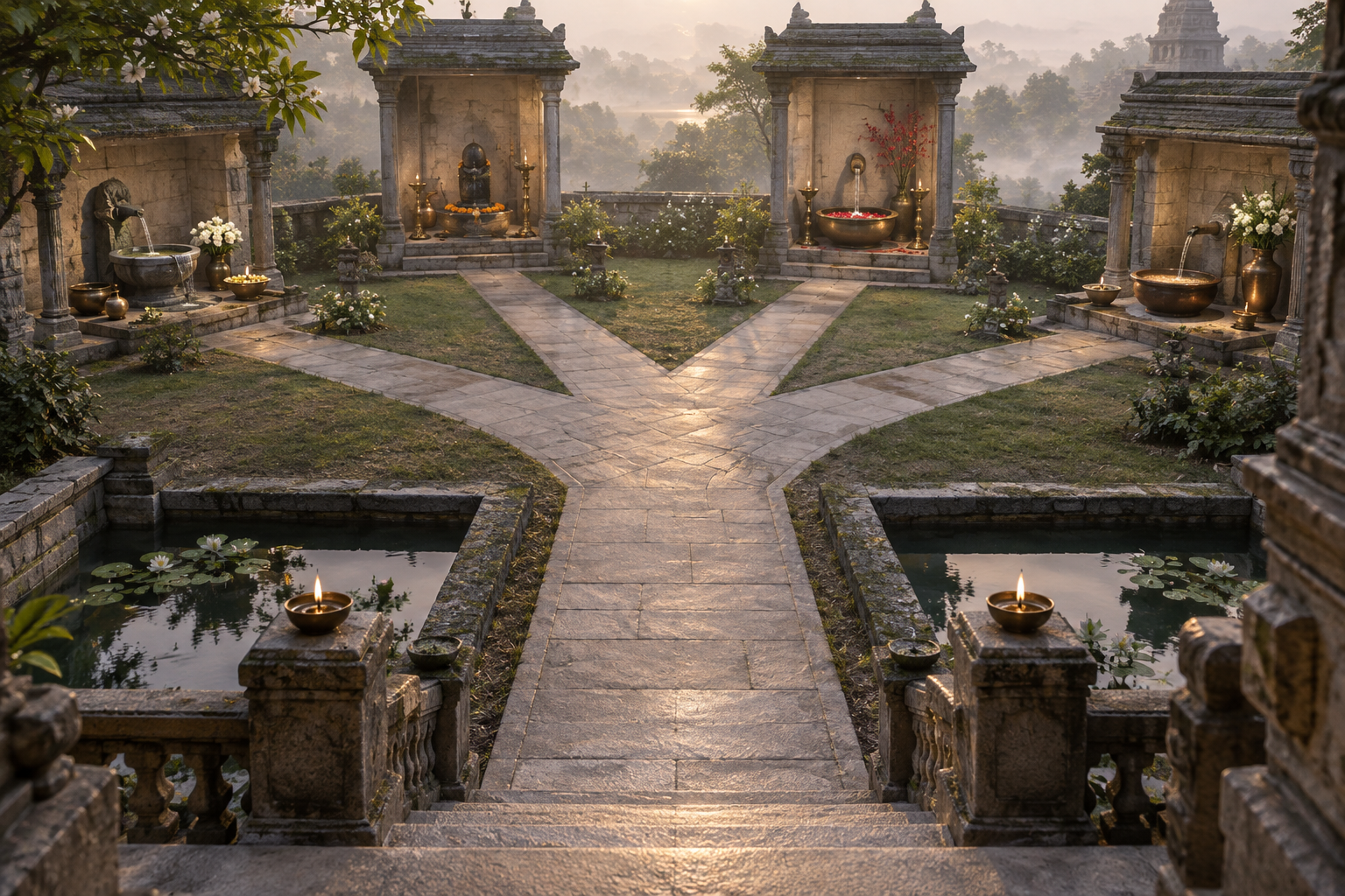A single stone path divides into separate routes toward several distinct flower-and-lamp offering spaces in a temple courtyard.