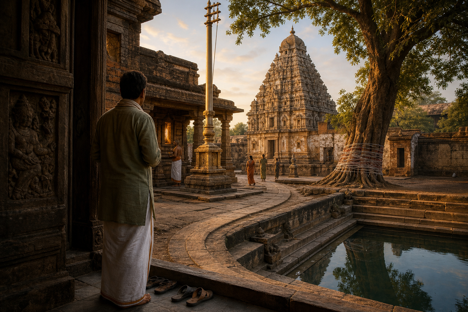 A barefoot visitor walks through a stone temple complex past a flagstaff, carved reliefs, varied masonry, a sacred tree, and a stepped water tank.