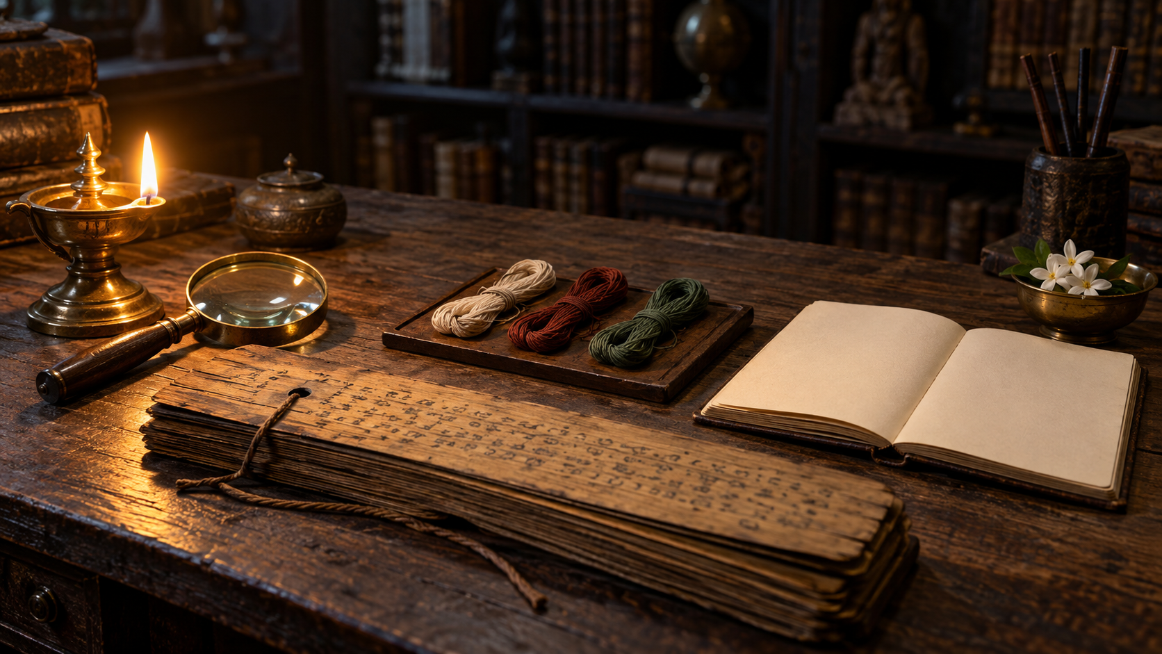 An unreadable palm-leaf manuscript is arranged with a lamp, viewing lens, colored threads, blank notebook, and flower on a wooden study table.