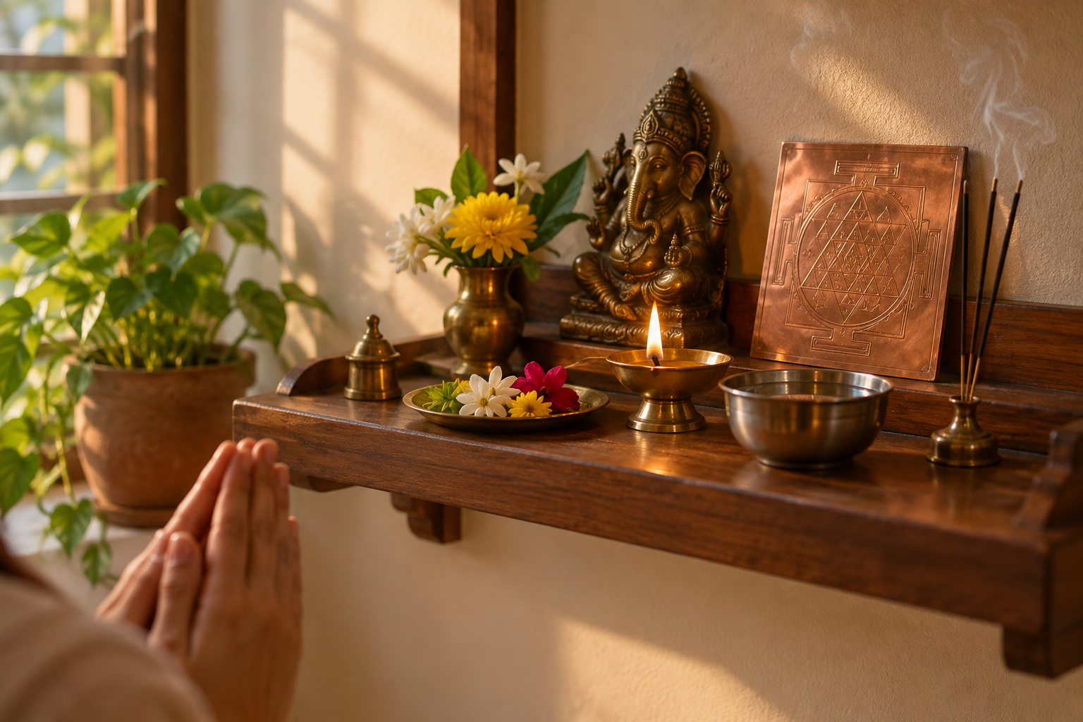Folded hands face a simple home shrine with a brass lamp, water bowl, flowers, incense, and a copper devotional plate.