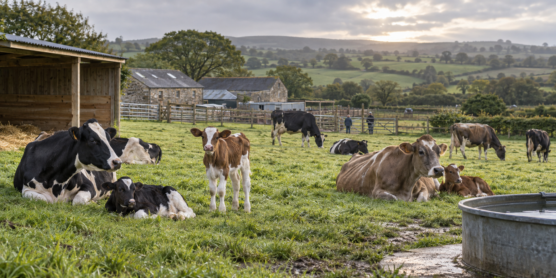Cows and calves rest together in a green Devon pasture while two farm carers inspect facilities near stone barns and rolling hills.