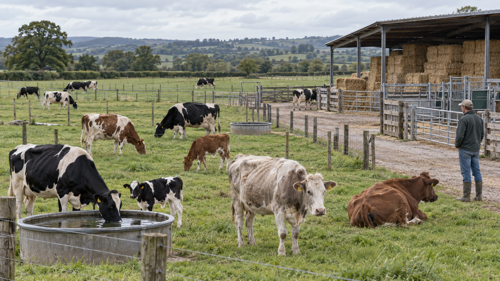 Adult cows, calves, and an older cow occupy safely fenced pasture with shelters, hay, clean water, and an attentive farm worker.