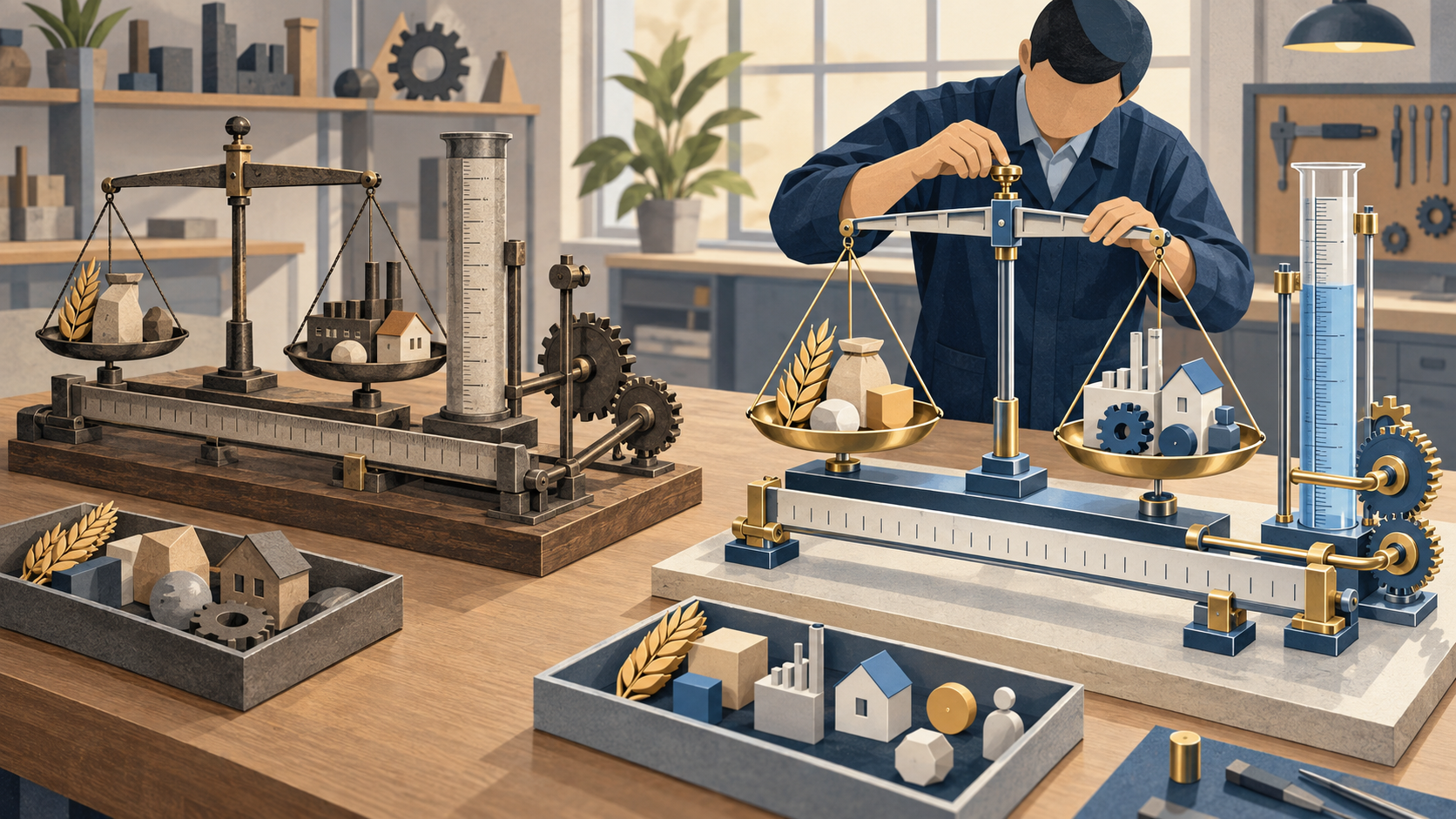 A technician calibrates two differently configured sets of measuring instruments beside symbolic goods and services.