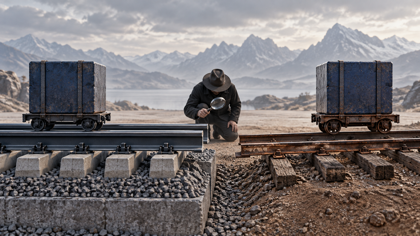 Two railway tracks built to different dimensions fail to connect while an investigator examines the mismatched junction.