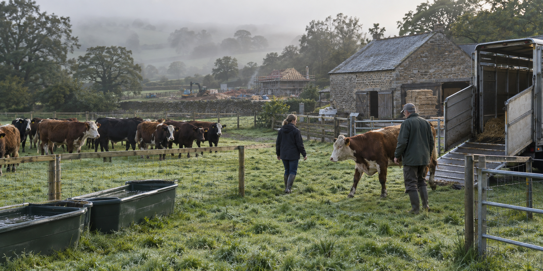 Farm handlers calmly guide a cow from a livestock trailer into a secure pasture with new fencing, water, bedding, and a stone barn.