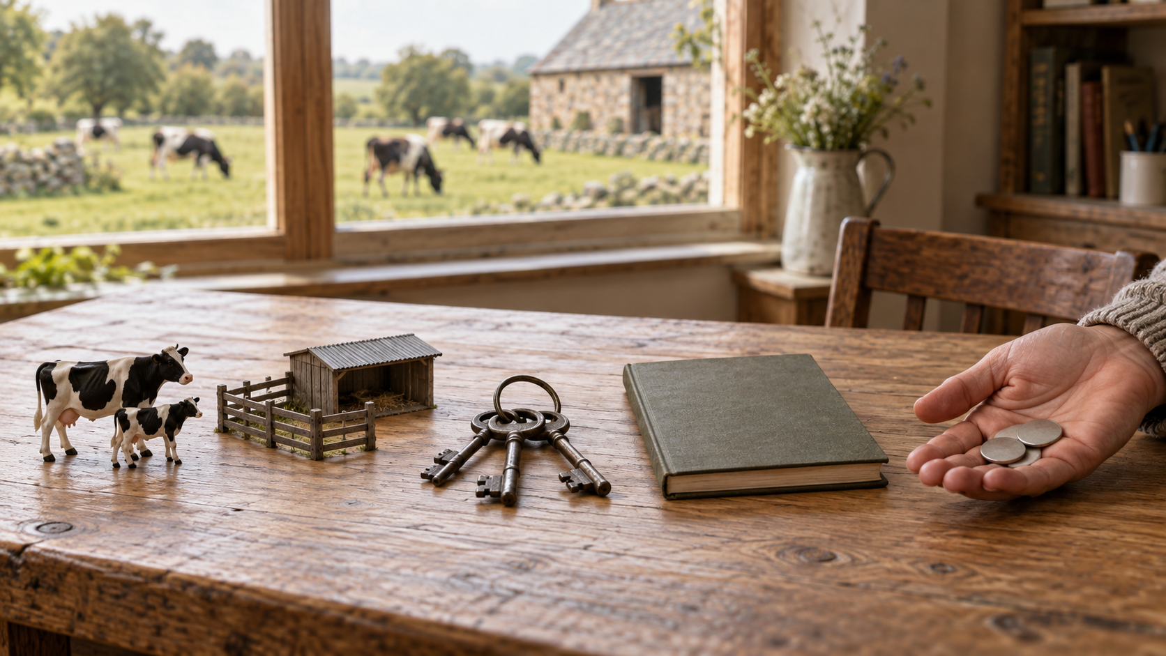 Five symbolic objects on a farmhouse table include cow and calf figures, a shelter and fence model, keys, a closed ledger, and coins held in an open hand.