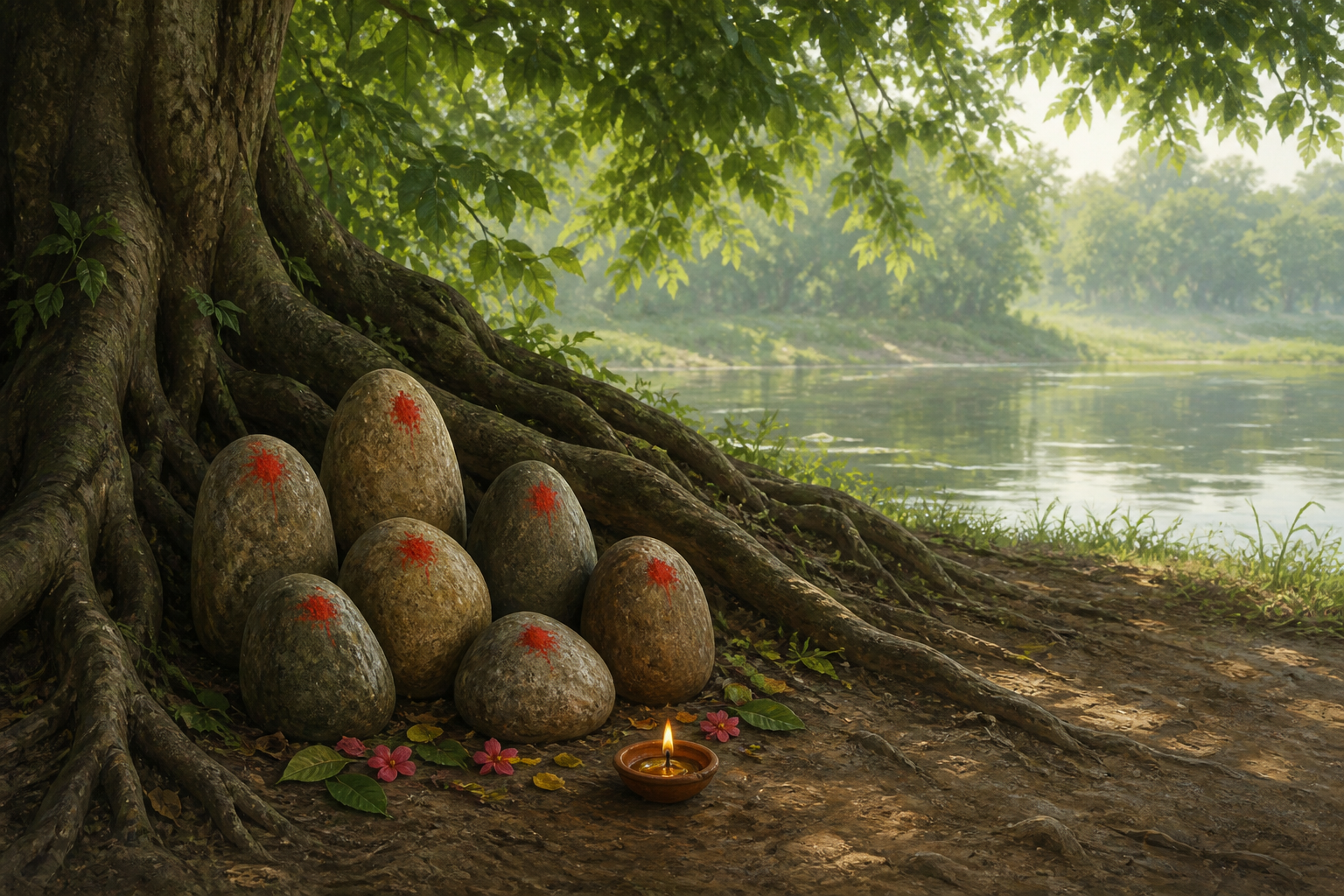 Seven vermilion-marked stones form a small shrine beneath a tree beside calm water, with flower petals and a clay lamp nearby.