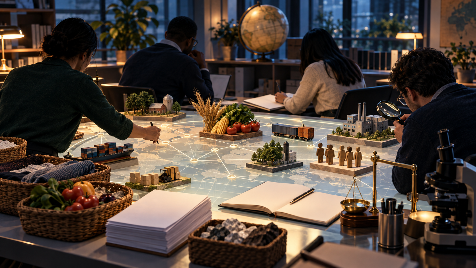 Anonymous economists and statisticians examine models of agriculture, industry, services, surveys, and measuring instruments in a research room.
