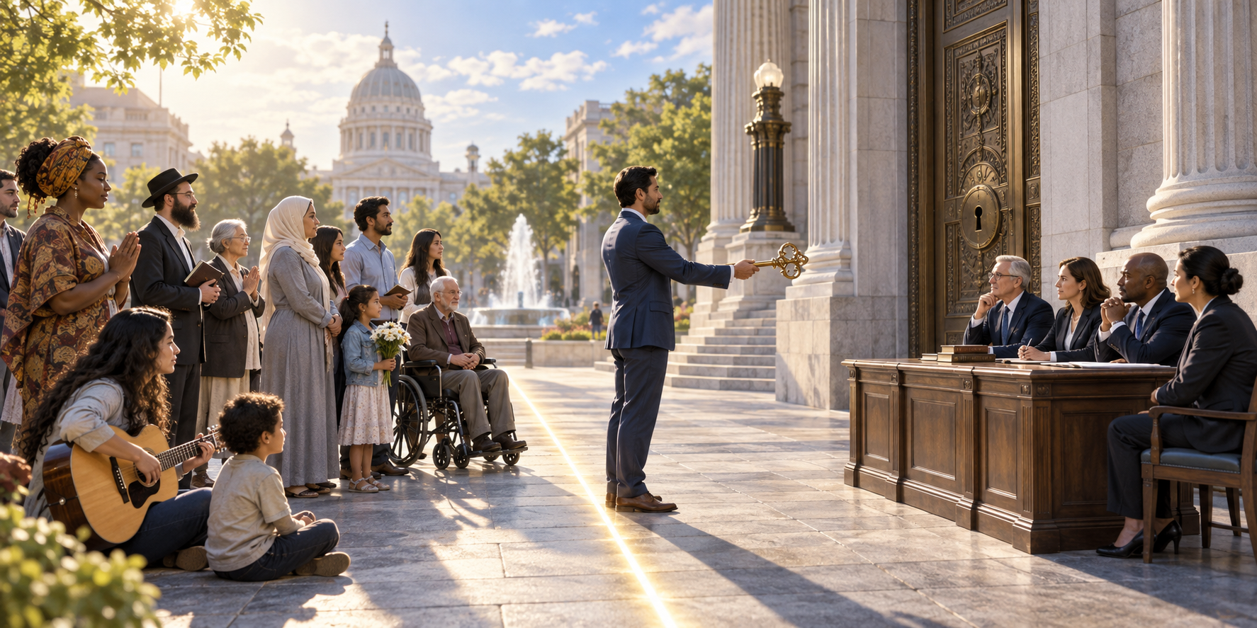 A line of light in a civic square separates peaceful religious activity from officials considering a ceremonial key offered at a government door.