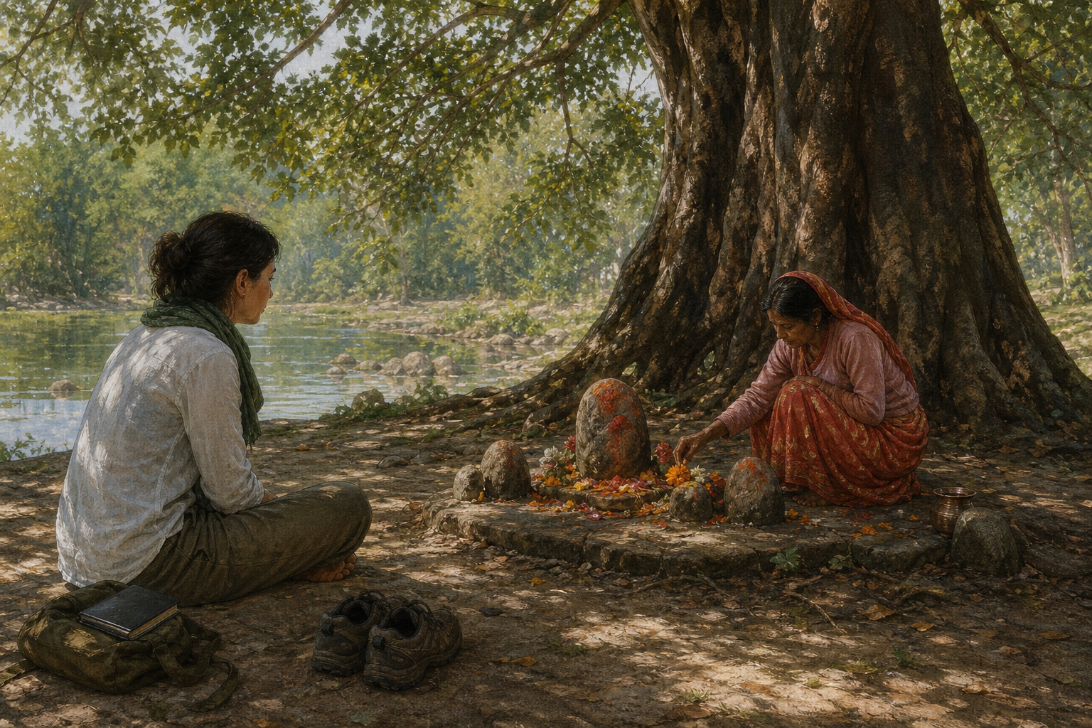 A local worshipper tends offerings at a stone shrine while a visitor listens respectfully with a lowered camera and closed notebook.