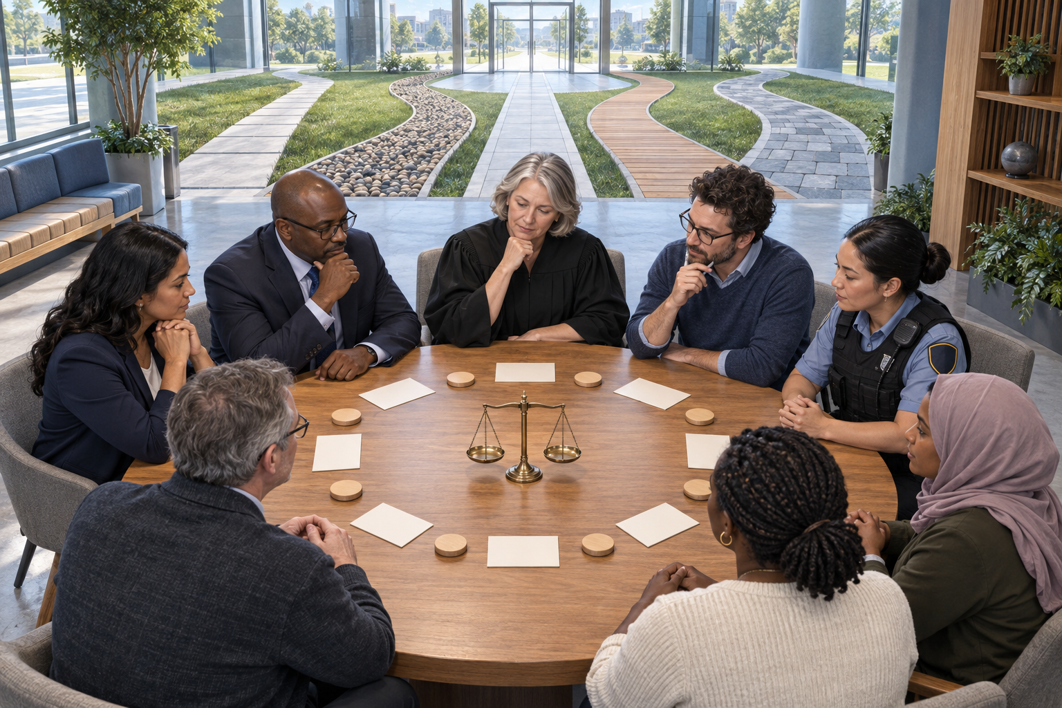 Officials and community representatives review blank decision cards and balanced tokens around a circular planning table.