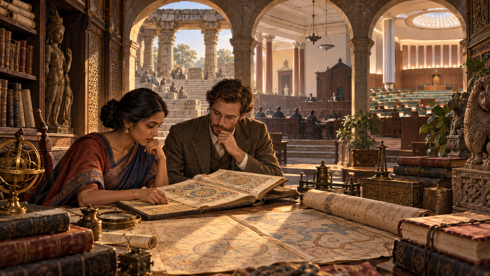Two researchers examine manuscripts and legal artifacts in a South Asian archive with ancient, colonial and modern civic architecture visible beyond.