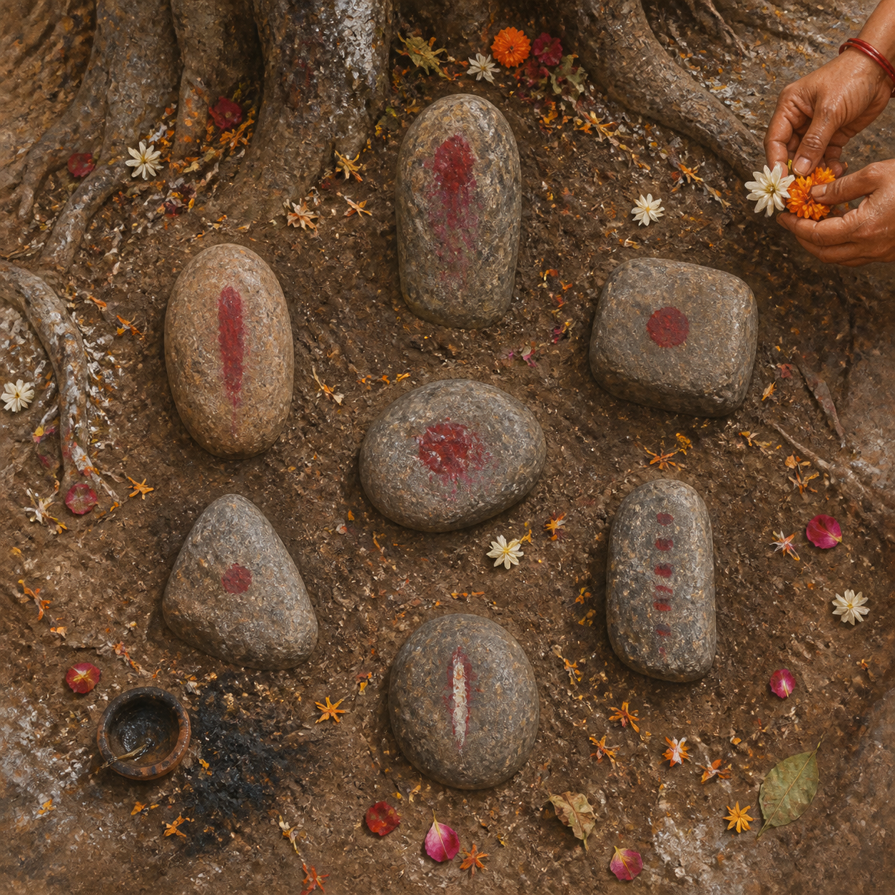 An overhead view shows seven differently shaped stones with vermilion marks and flower offerings arranged on earth beneath a tree.