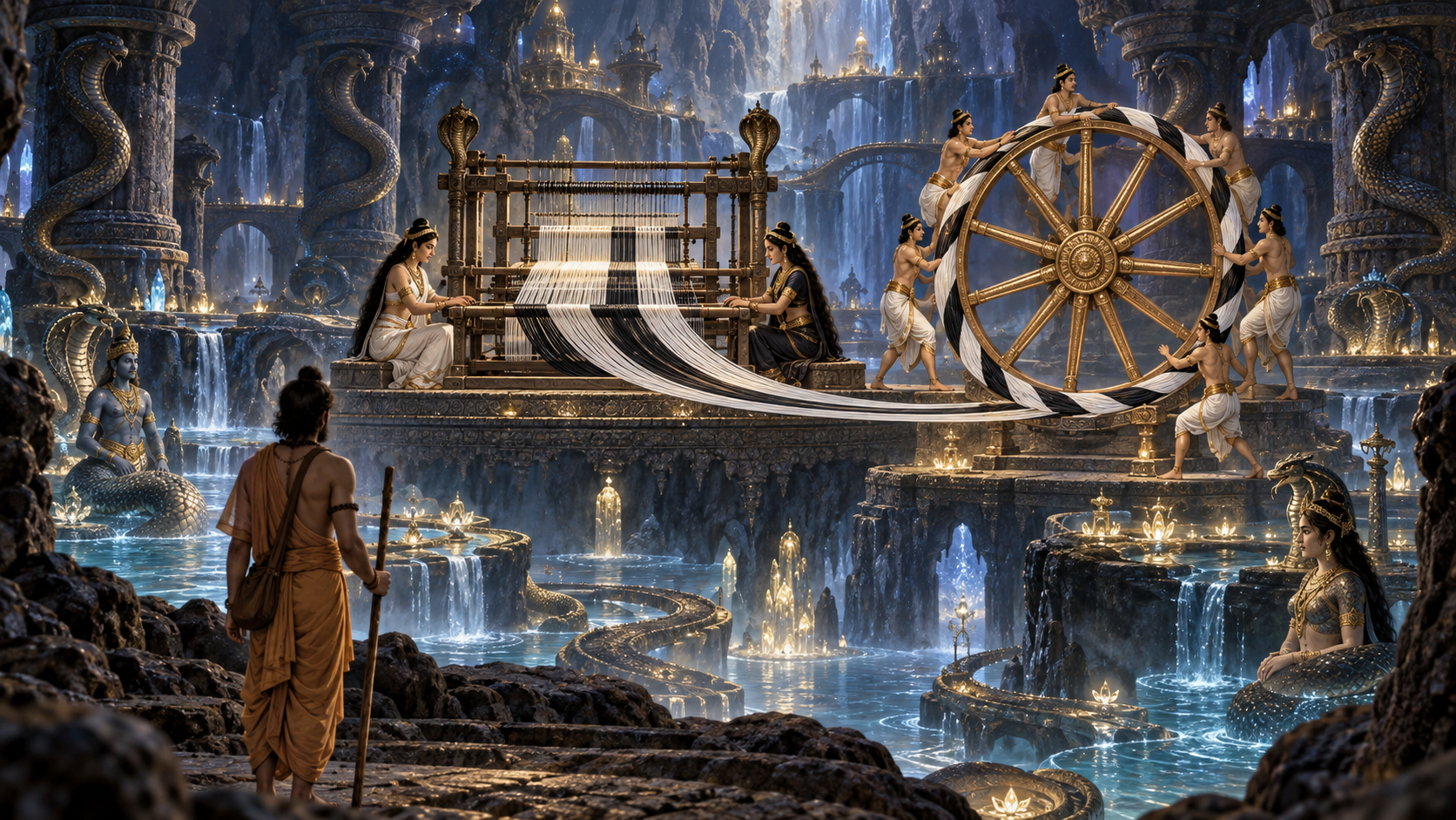Utanka watches two women weave black and white threads beside a twelve-spoked wheel turned by six youths in a luminous subterranean Naga realm.