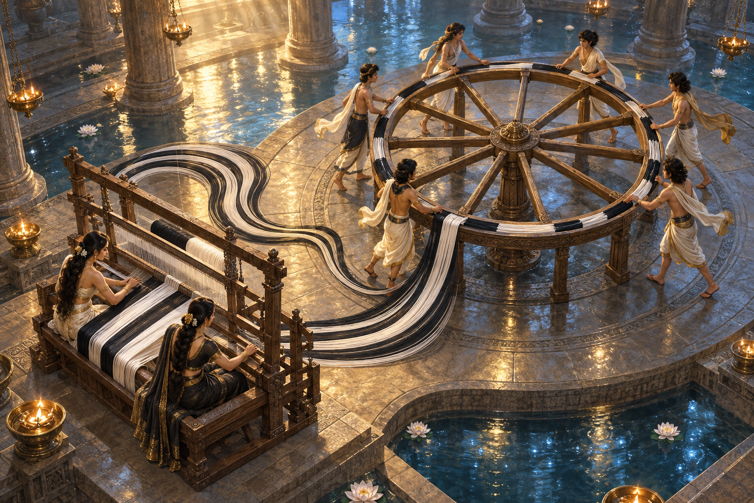 Two women weave alternating black and white threads that flow into a twelve-spoked wheel steadily turned by six youths.