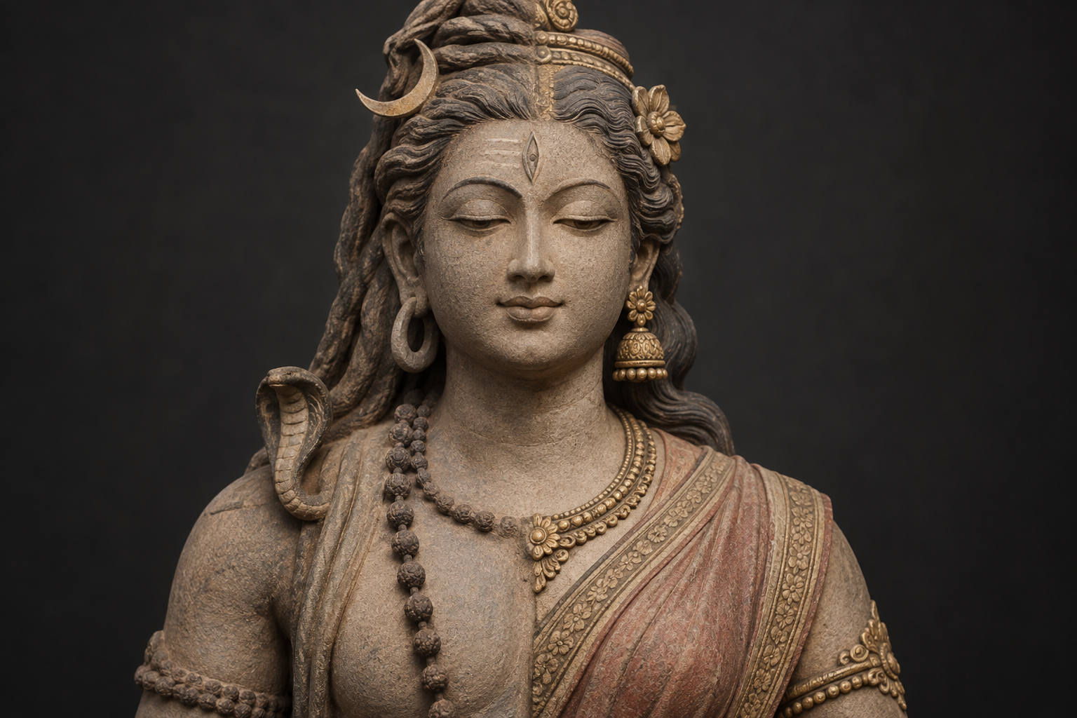 Close frontal view of Ardhanarishvara's single face and torso, with Shiva's matted hair and austere ornaments on one side and Parvati's coiffure and jewelry on the other.