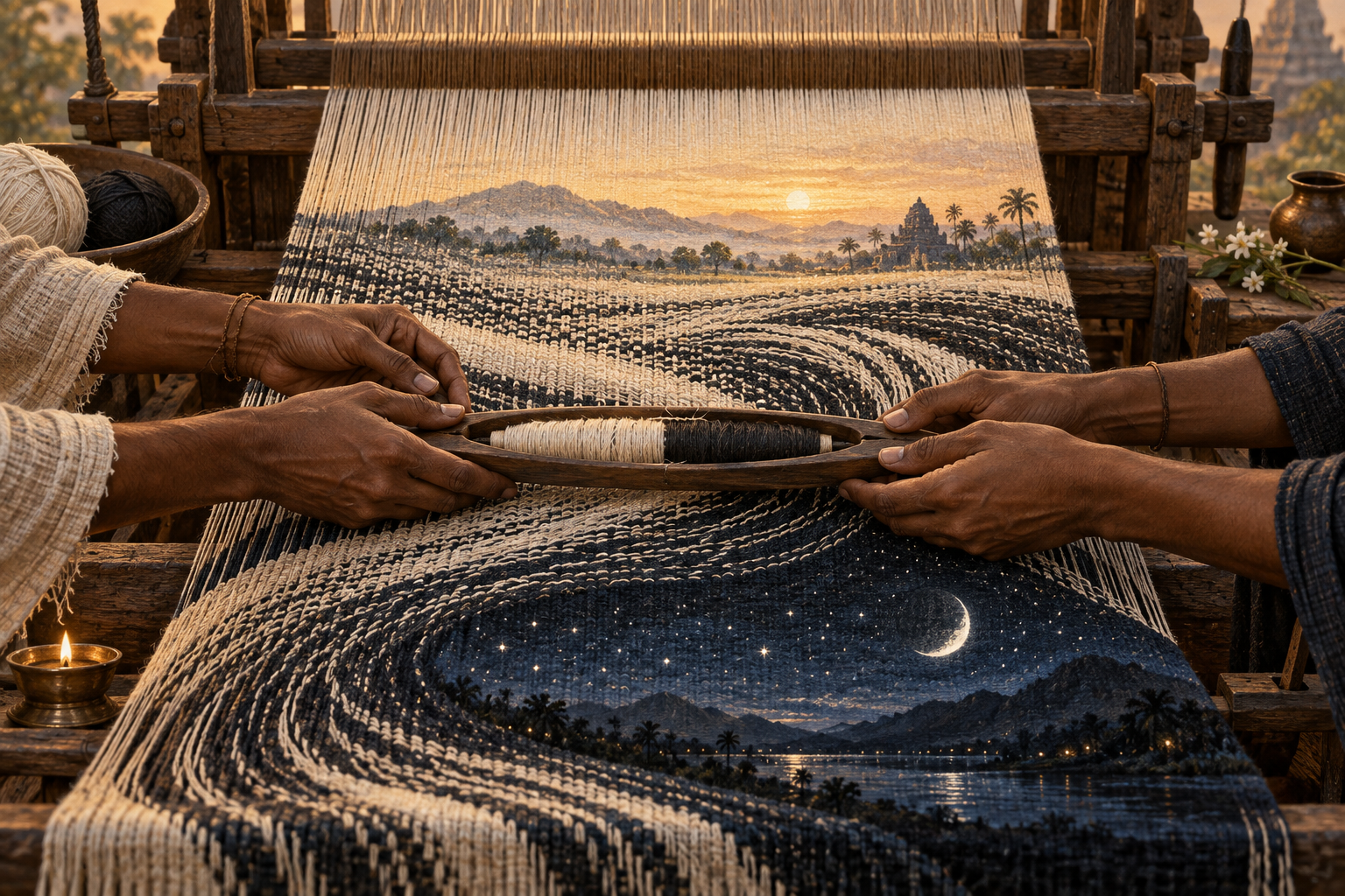 Black and white threads interlace on a loom as the woven cloth transitions peacefully between dawn light and a starry night.