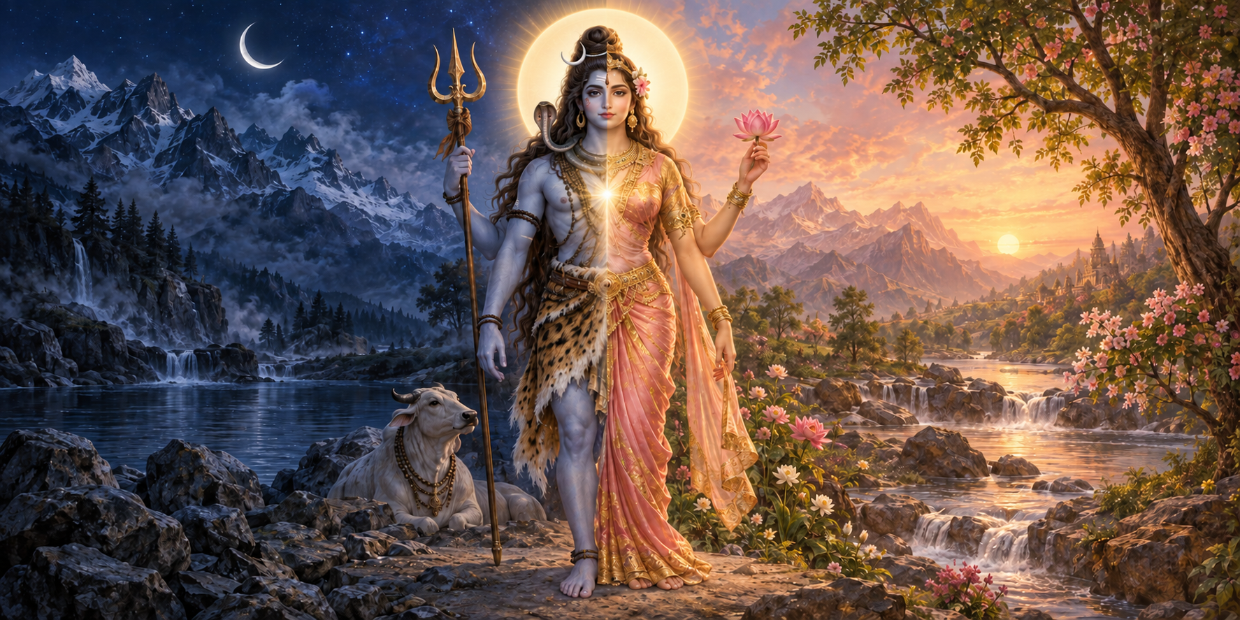 Ardhanarishvara stands in one continuous landscape where a cool moonlit mountain side merges with a warm flowering dawn side around the deity.