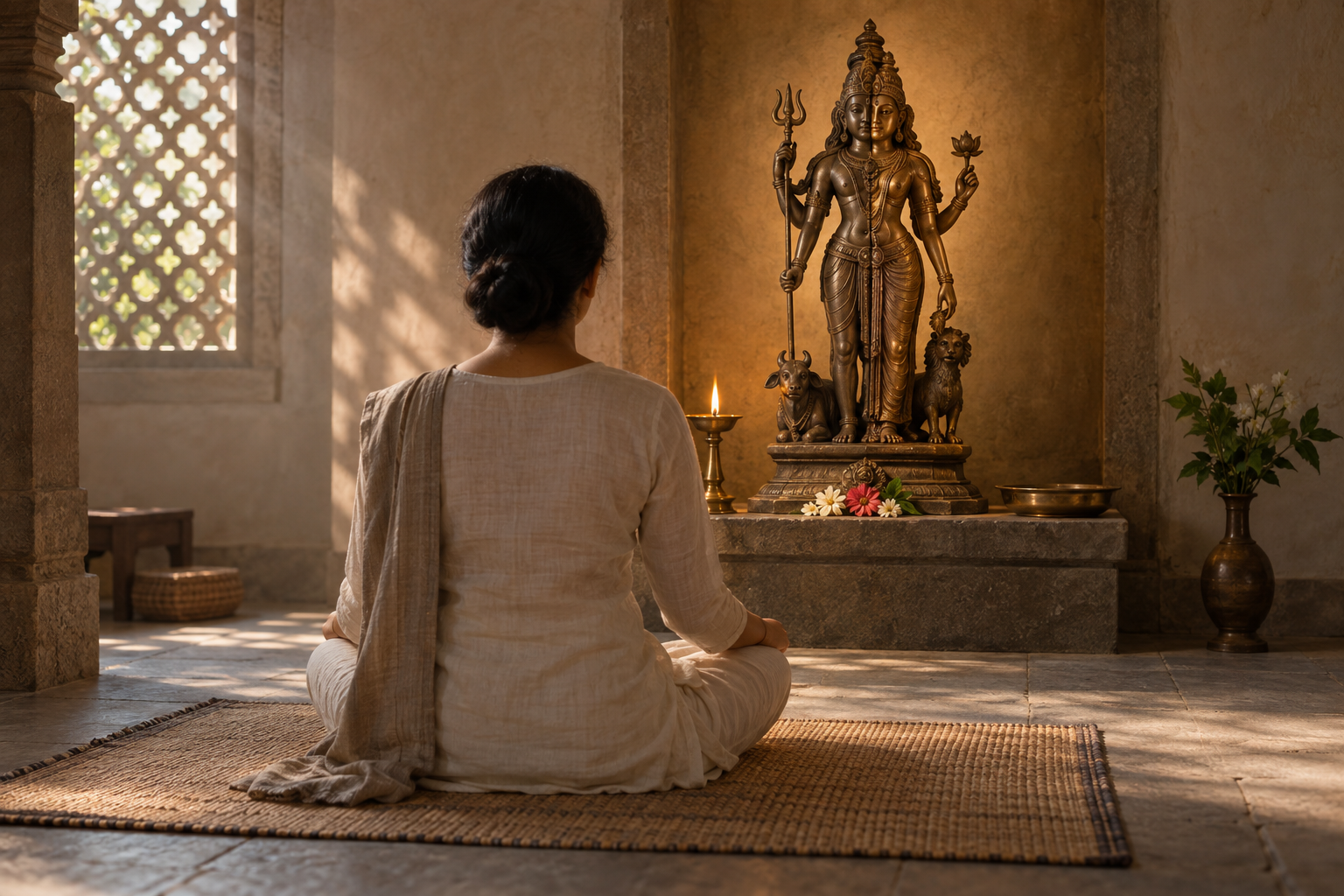 A seated practitioner quietly contemplates a small bronze Ardhanarishvara image illuminated by an oil lamp and soft dawn light.