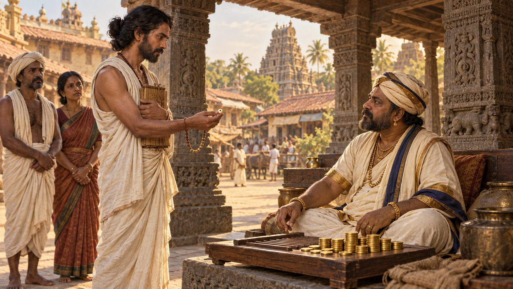 A medieval Kannada poet hands a small bead to a seated lender beside unmarked gold coins while two townspeople witness the pledge.
