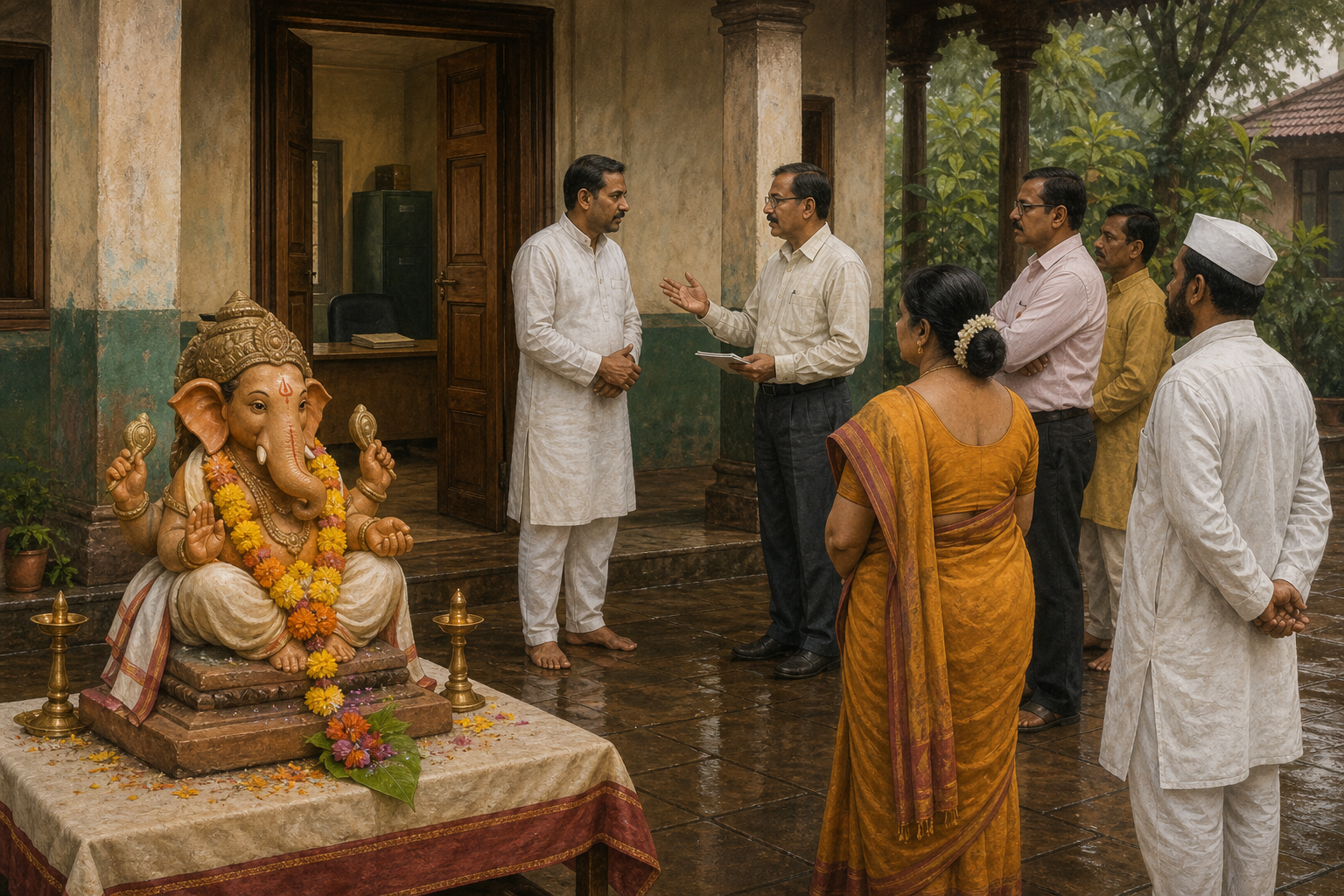 A clay Ganesha idol stands in a district office courtyard while devotees and civic officials hold a calm discussion nearby.