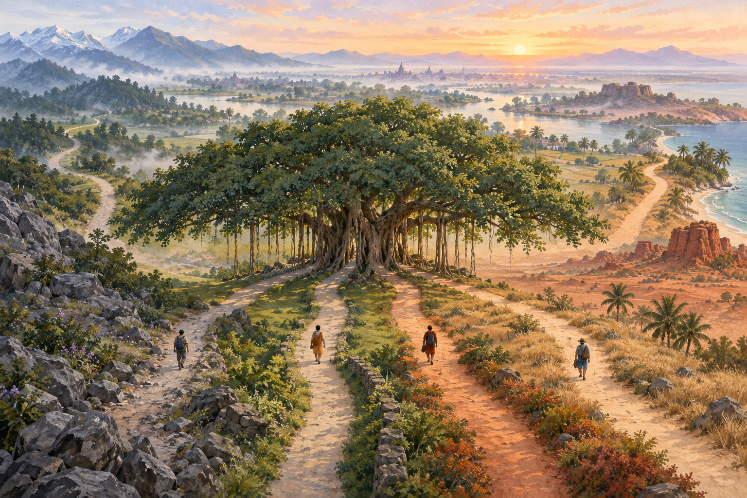 Four distinct footpaths run alongside one another beneath a banyan tree before continuing separately across a river plain at dawn.