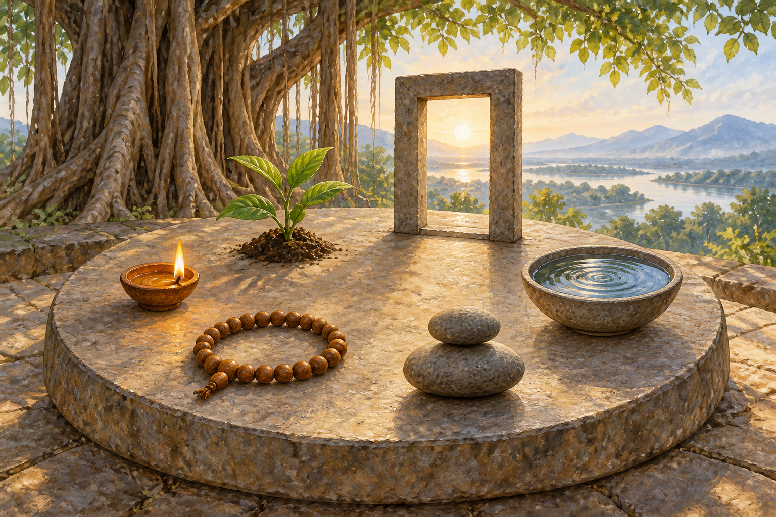 Six symbolic objects—a lamp, seedling, wooden beads, balanced stones, rippling water bowl and open stone frame—form a circle on a stone platform.