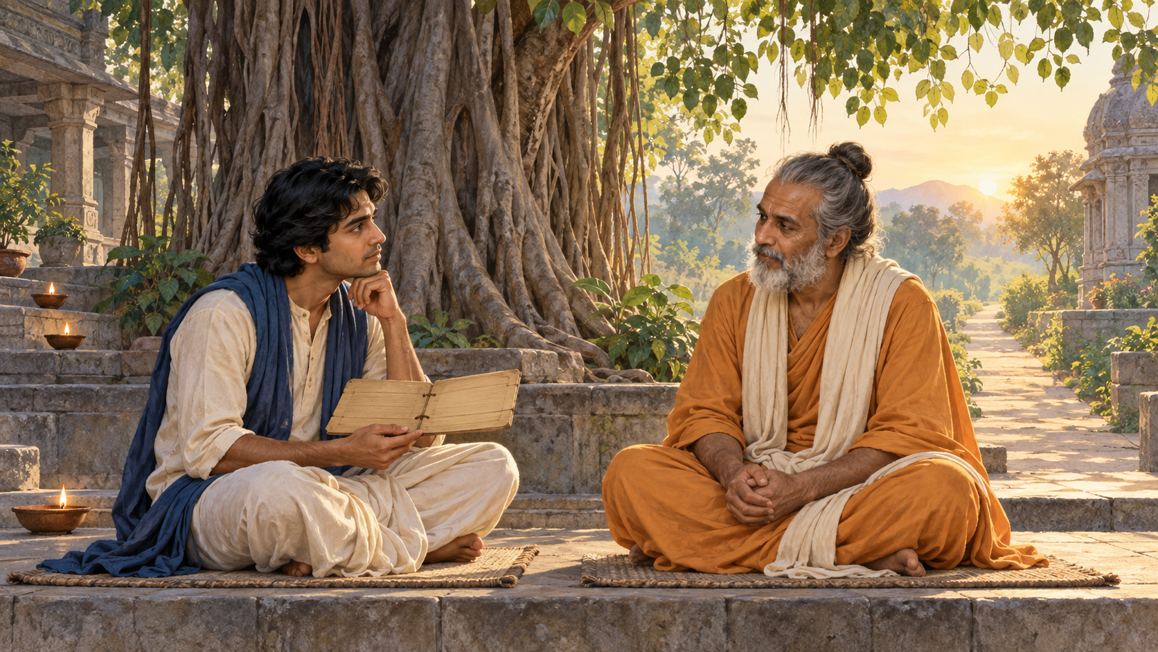An adult seeker and a spiritual guide sit facing each other beneath a banyan tree as a sunlit path extends beyond them.