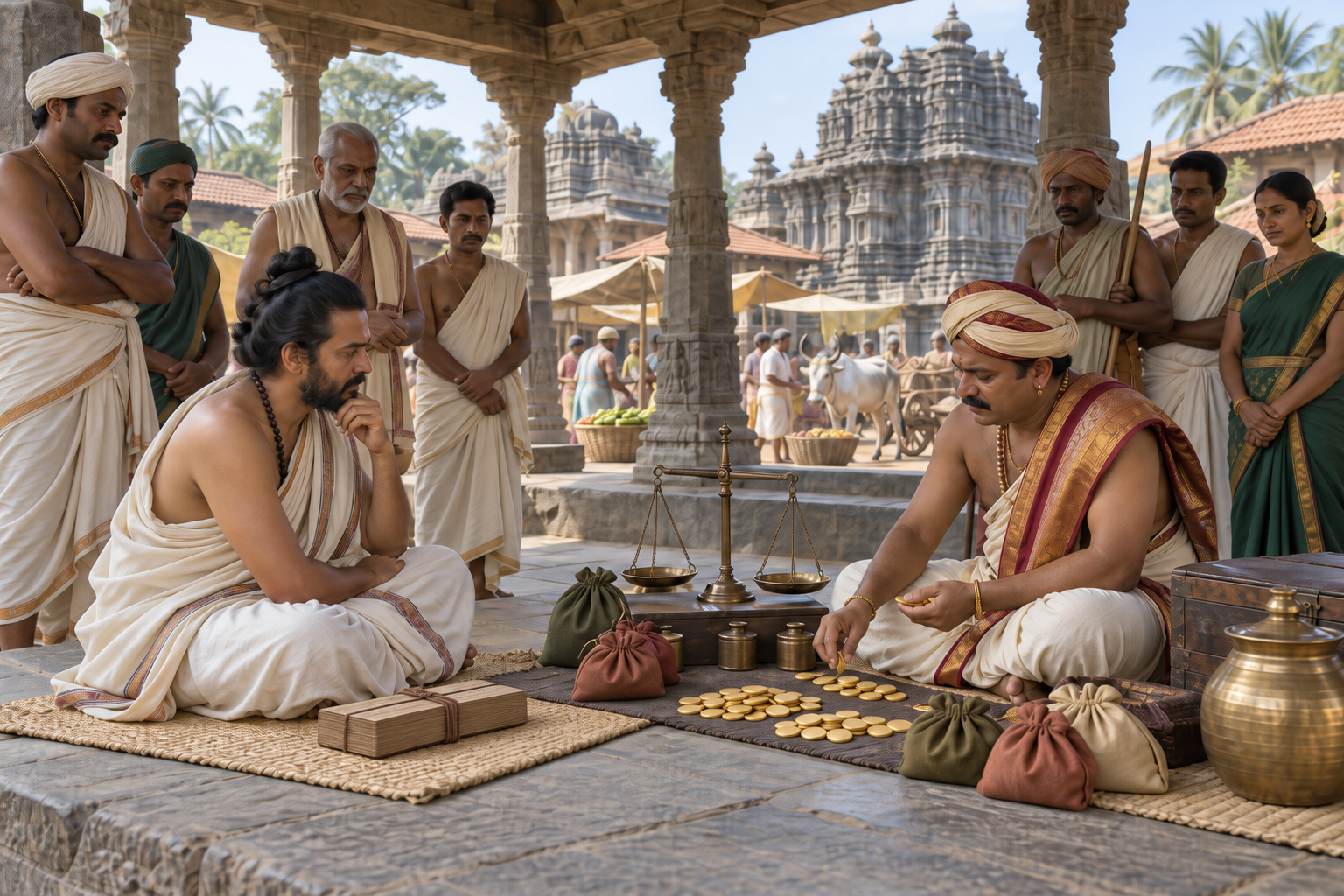 A poet and merchant-lender conduct a gold-coin transaction before witnesses in a medieval Karnataka market pavilion.