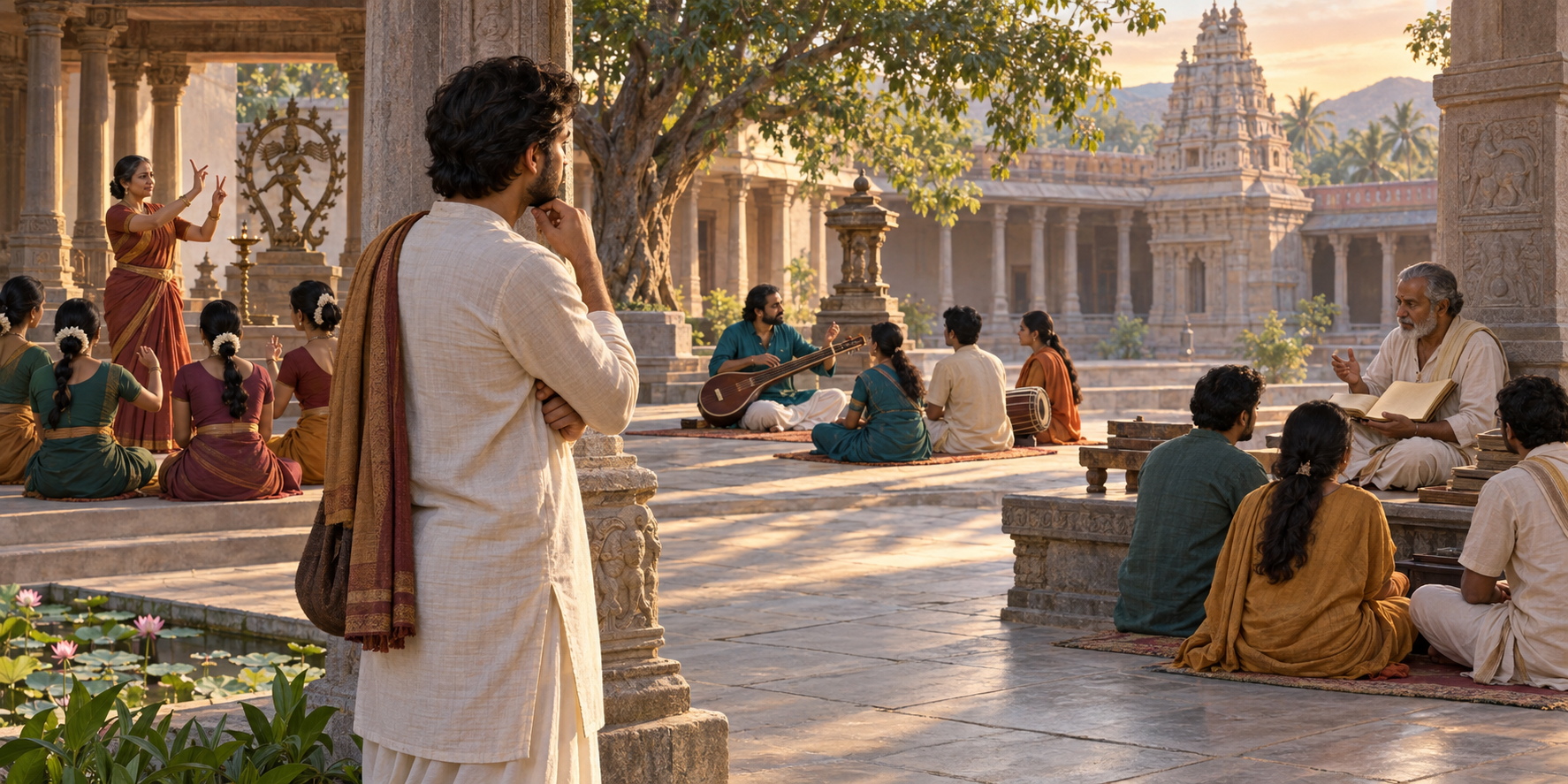 A thoughtful adult observes several teachers leading ritual, music, and study activities in a temple courtyard.