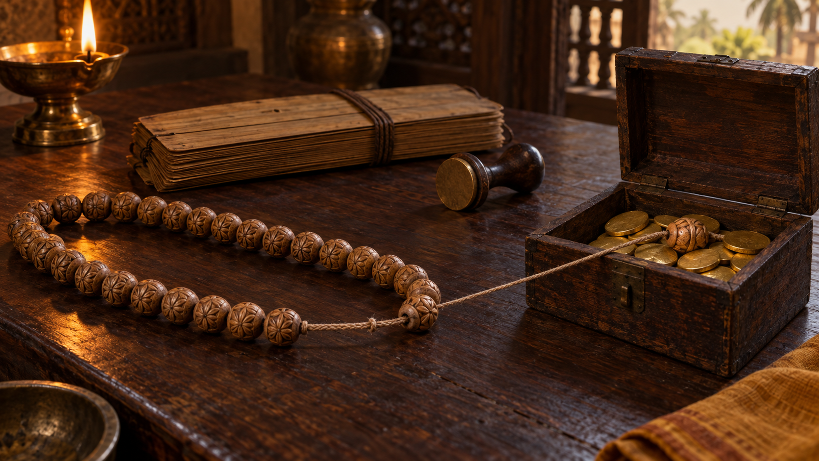 A bead removed from a personal cord rests in a wooden box beside blank palm leaves, a seal, and unmarked gold coins.