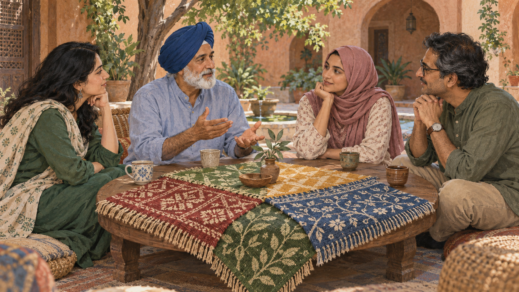 Four South Asian adults hold a respectful conversation around a round table with a textile of distinct overlapping patterns at its center.