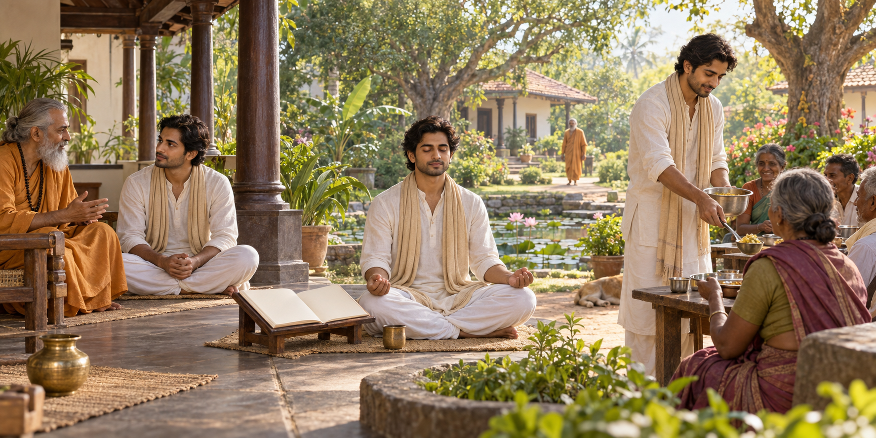 A student progresses from receiving guidance to studying, meditating, and serving food independently while the guide remains in the background.