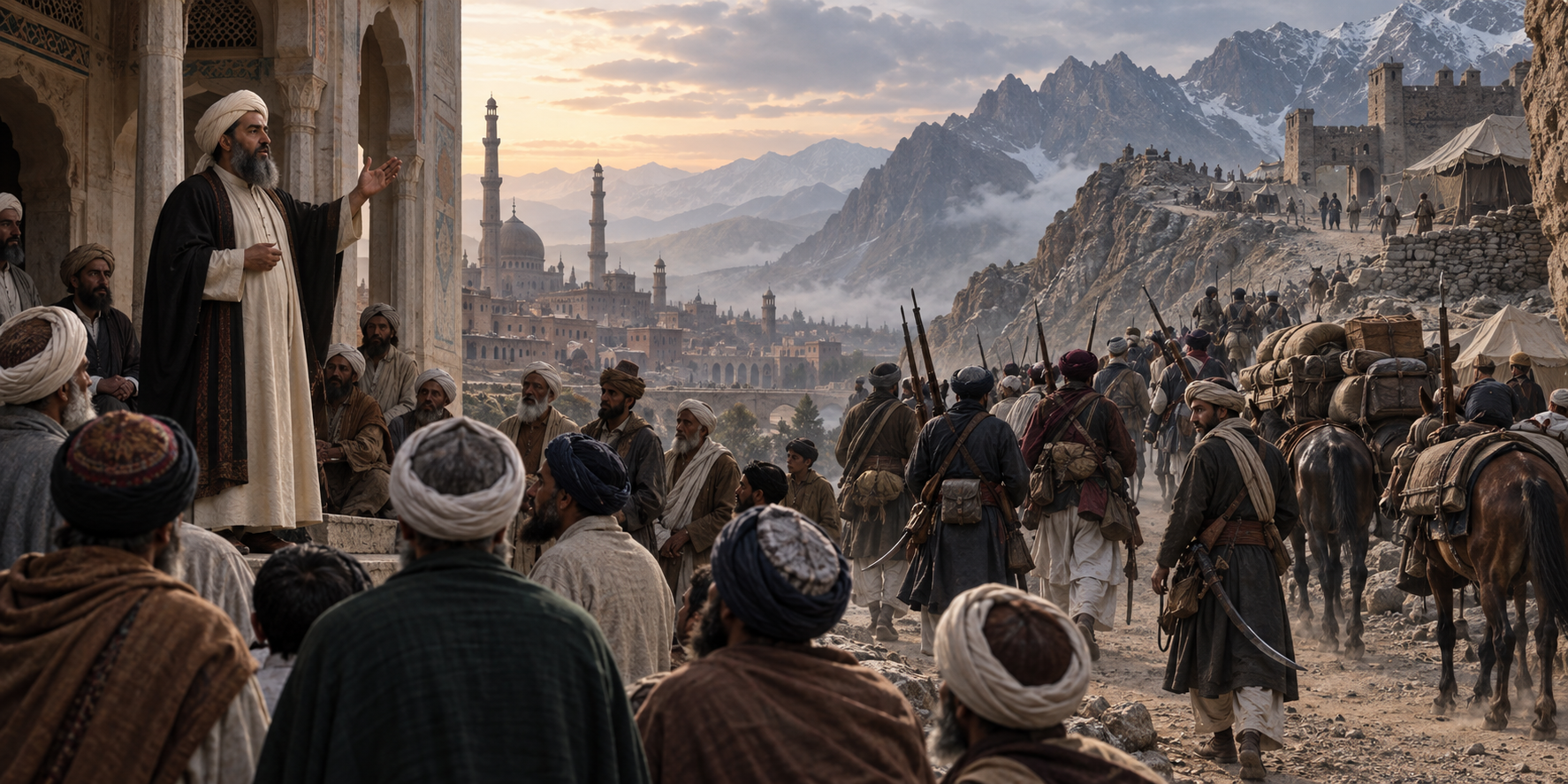 An early nineteenth-century preacher addresses followers as armed recruits and supply animals assemble near a mosque courtyard and a distant mountain pass.