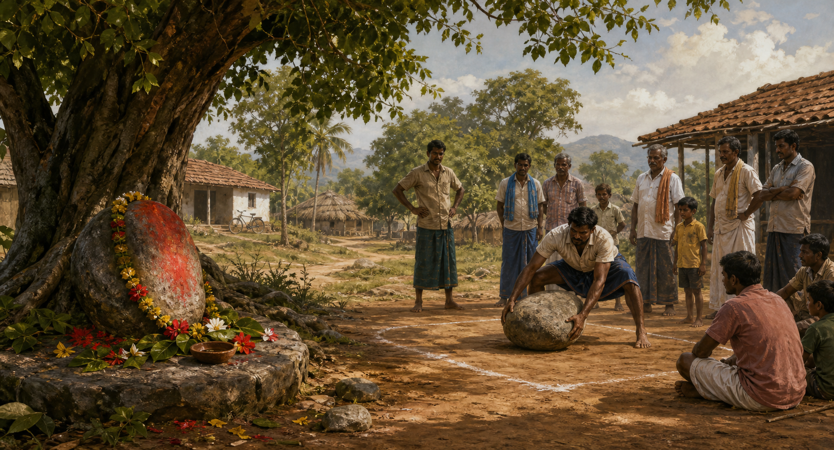 A wide scene contrasts an offered vermilion-marked shrine stone beneath a tree with villagers handling a separate plain stone in an open-ground activity.